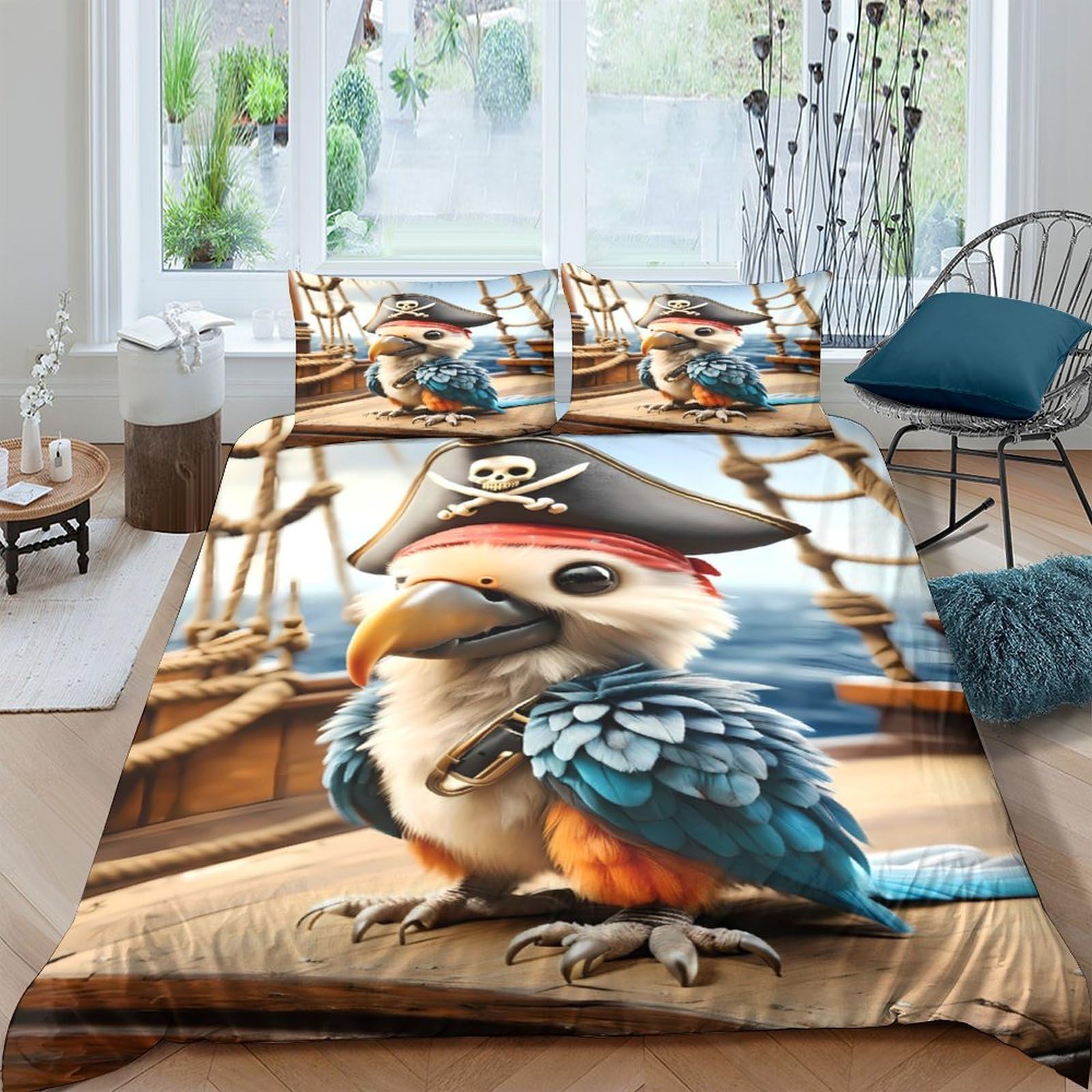 Ctjqhvkz Style-7 3D Printed Pirate Parrot Fitted Sheet Microfiber Soft Decorative Cartoon Bed Cover For Bedroom Guest Room Dorm Single（135X200cm）