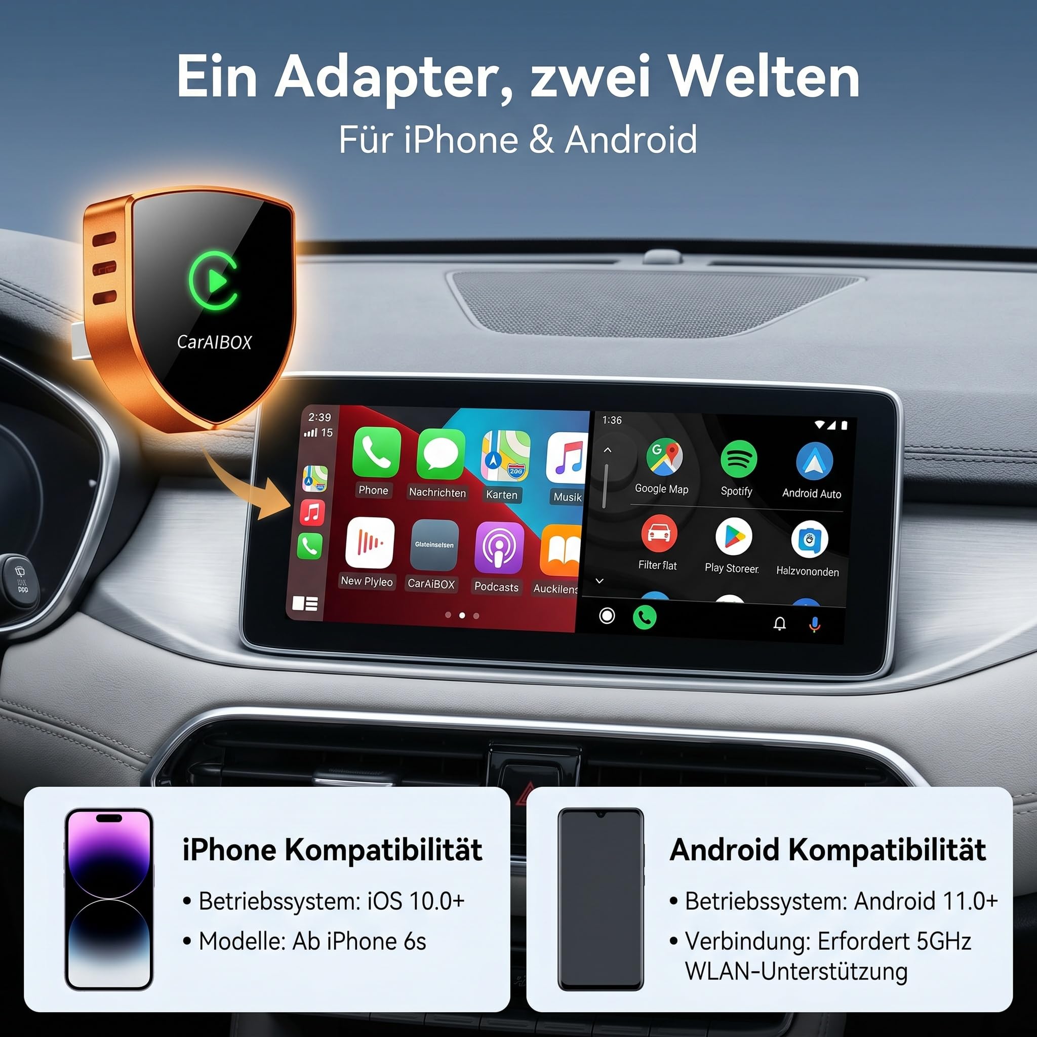 2026 2 w 1 bezprzewodowy adapter CarPlay i Android Auto, Shield Metal Shell, ultra-szybkie WiFi 6 Zero Delay Dongle, automatyczne połączenie (USB/C), tytanowy pomarańczowy