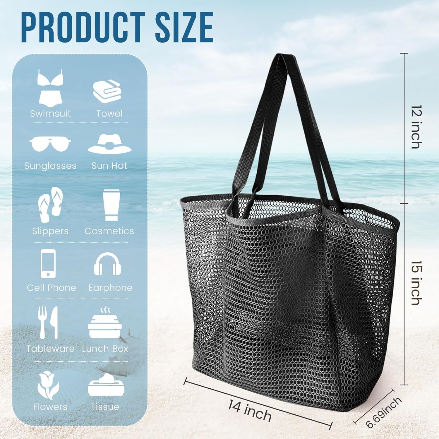 Beach Bags for Women, Summer Travel Mesh Tote Bag with Large Inner Pocket, Sandproof Woven Shoulder Handbag - Image 3