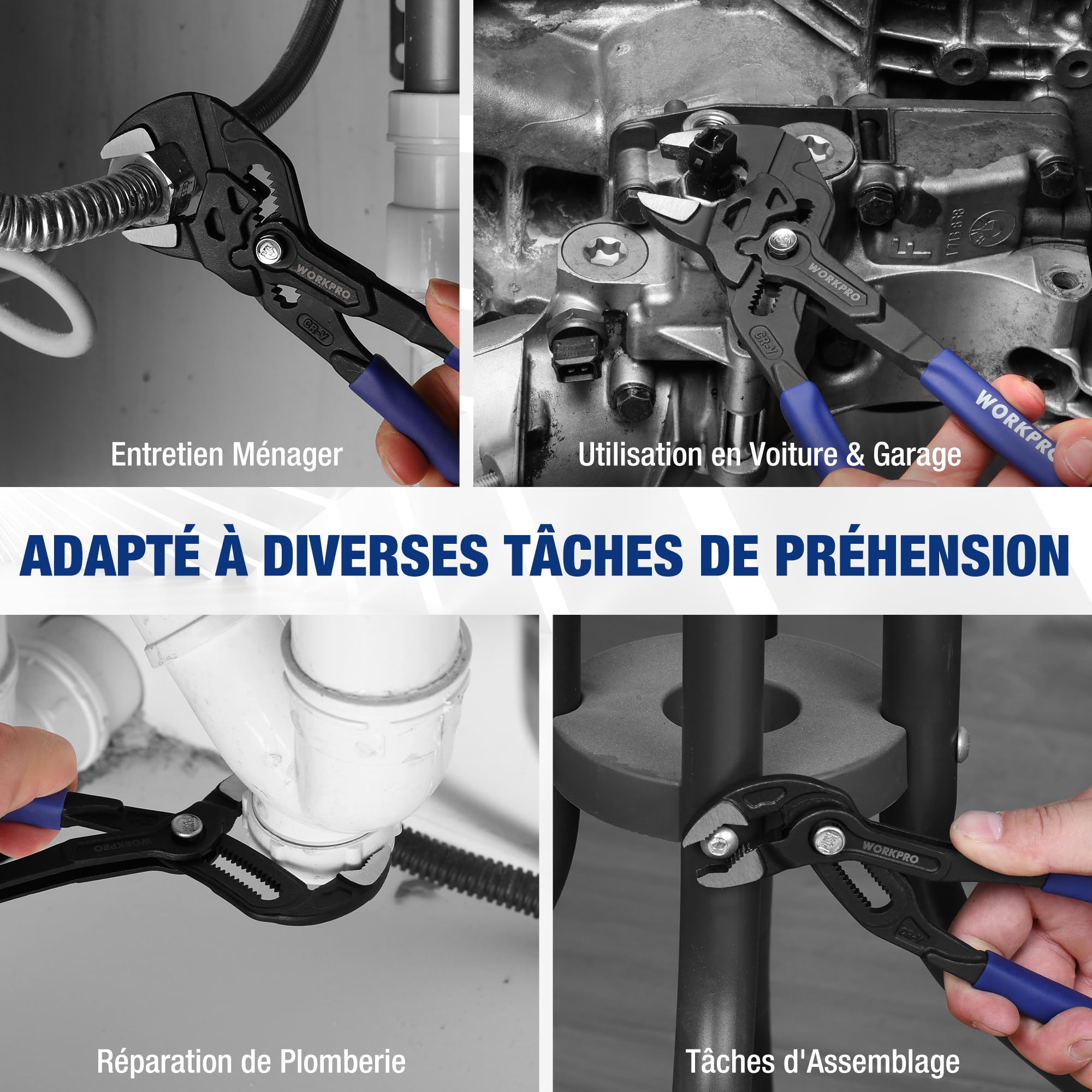 WORKPRO Ensemble de 2 Pinces, Pince Multiprise Rainurée 180 mm et Clé à Pince 180 mm pour Réparation de Plomberie et Usage Domestique