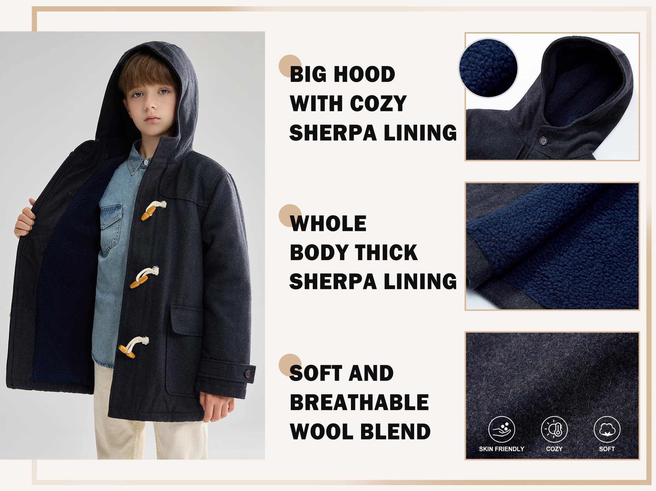 maoo garden Jungen Wollmantel Kinder Winter Schwere Sherpa gefütterte Dufflejacke Kapuzen Trenchcoat