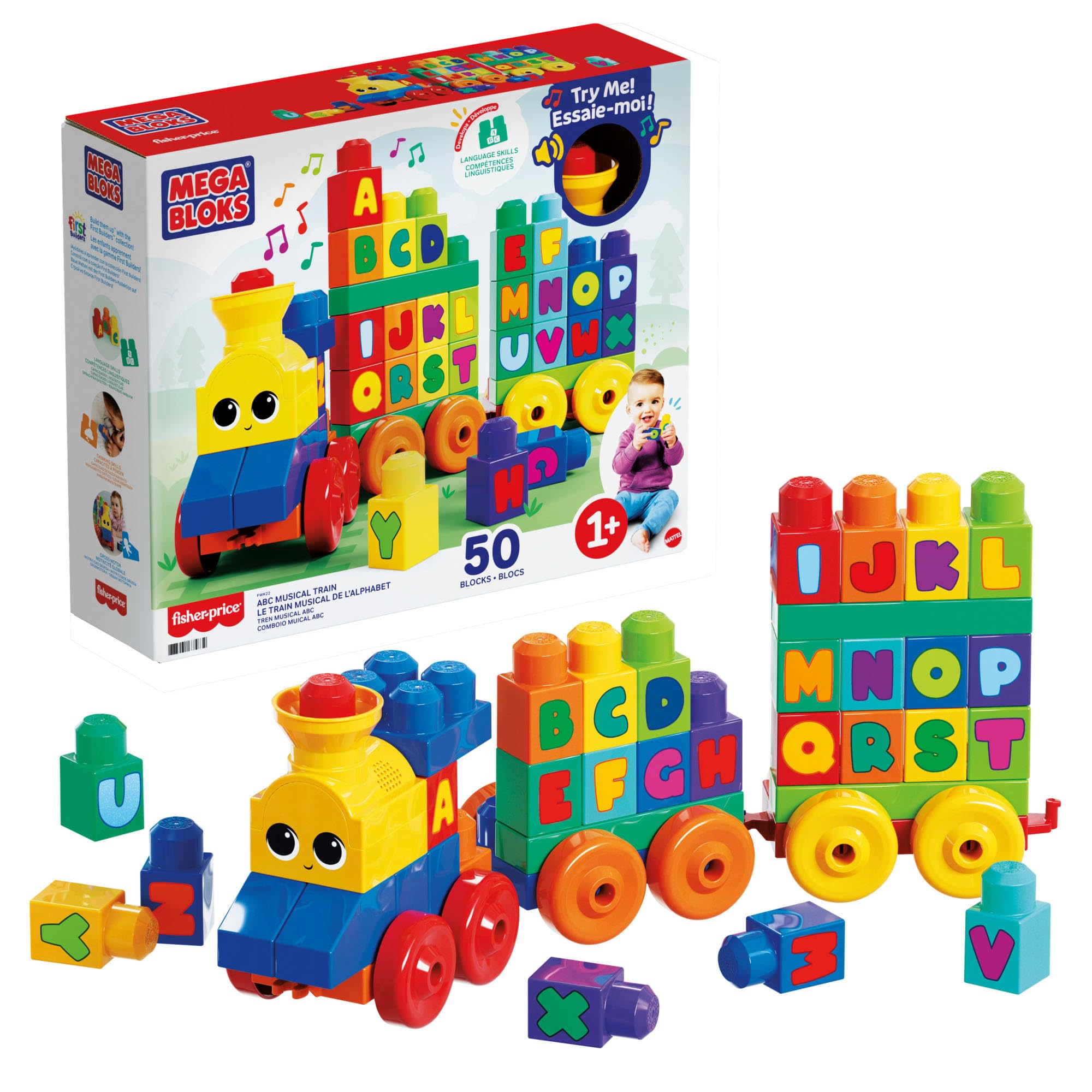 Mega Bloks Muzyczny Pociąg ABC z klockami z literkami odtwarzający realistyczne dźwięki i muzykę, FWK22