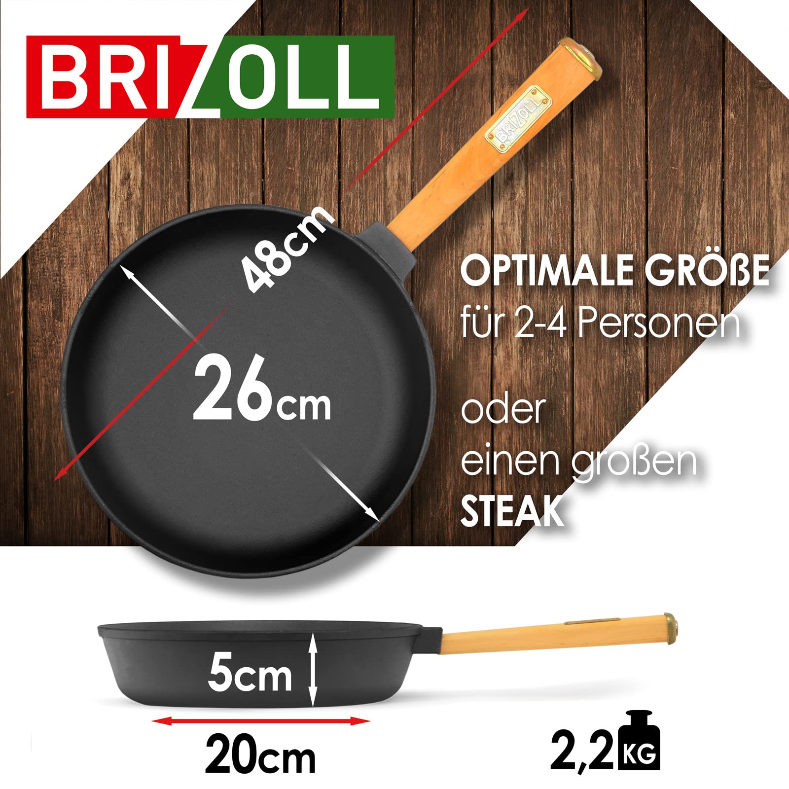 Padella in ghisa, 26 cm, con manico in legno, svitabile, padella in ghisa, padella per bistecca Cast Iron Pan, adatta per barbecue a gas, forno, focolare tutti i piani cottura, incl. induzione