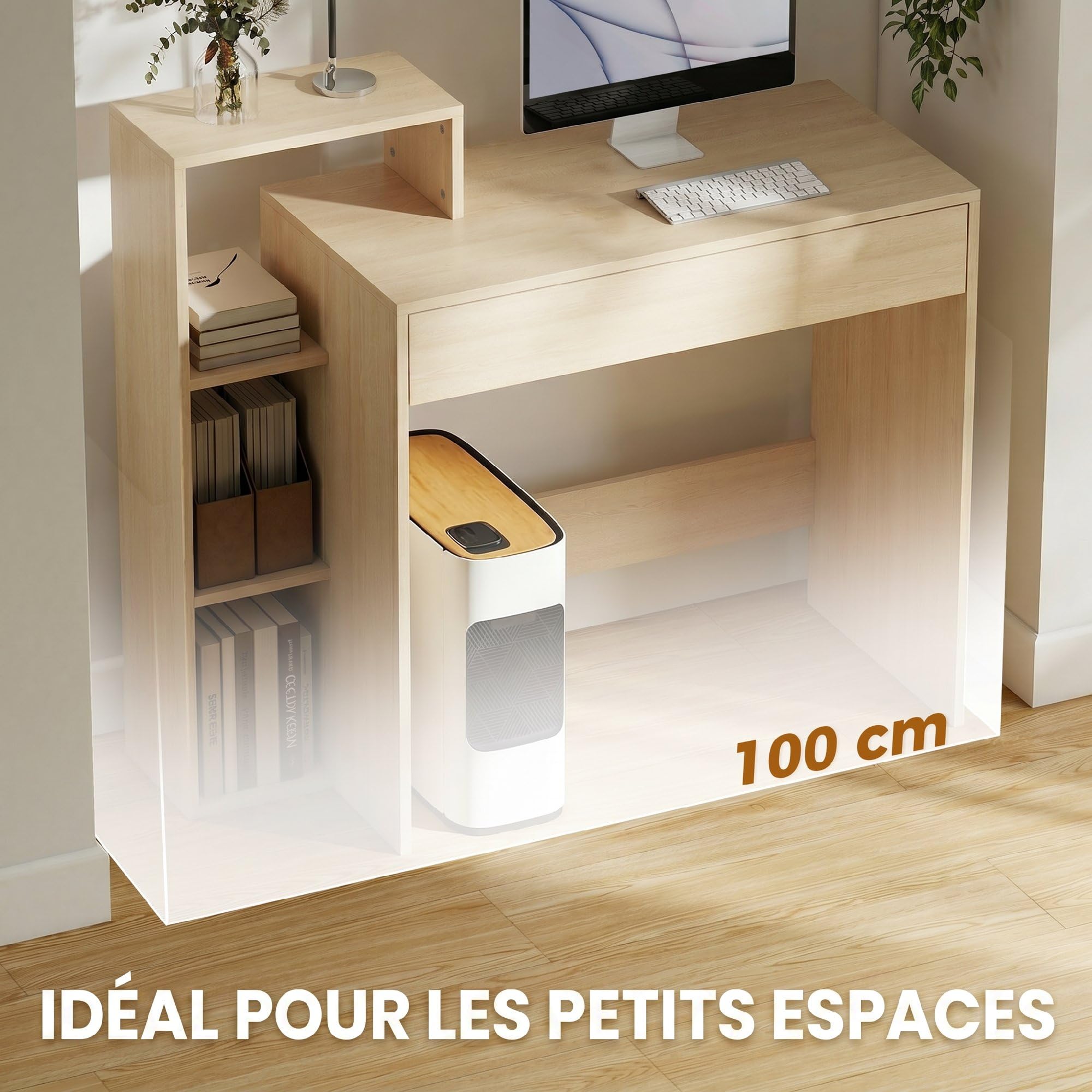 HOMCOM Escritorio PC con Almacenamiento, 100x40x90cm, Natural | con 3 estantes, cajón, estación de trabajo, Escritorio de computadora para teletrabajo, sala de estar