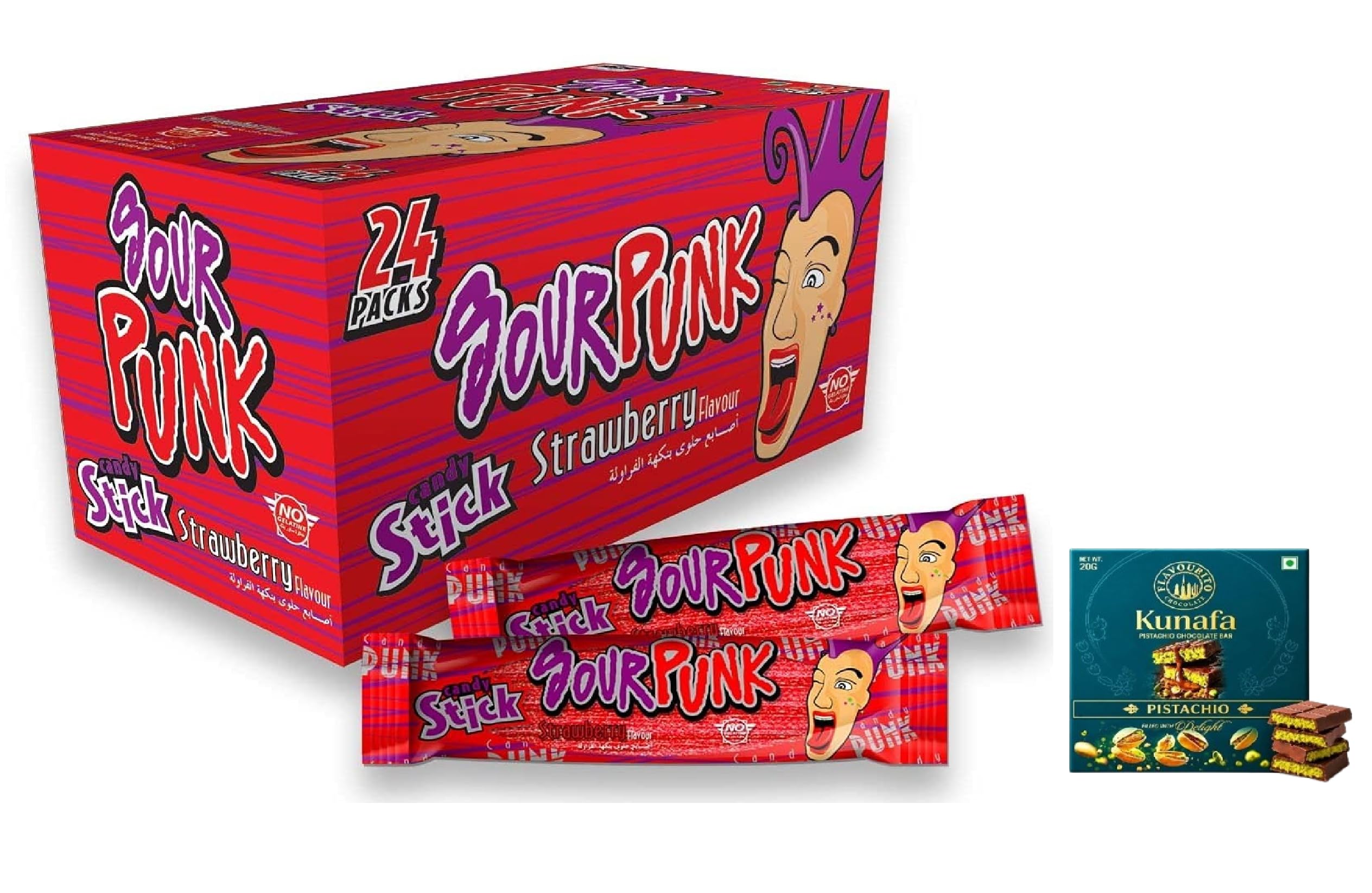 Sour Punk Strawberry Flavour Candy Sticks Sweet & Sour Chewy Candy, Individually Wrapped, 40g Each,(Pack of 24),Get Free Flavourito Kunafa Pistachio Chocolate Bar, 20g By Decadent Foods (Imported-Thailand)-image-13