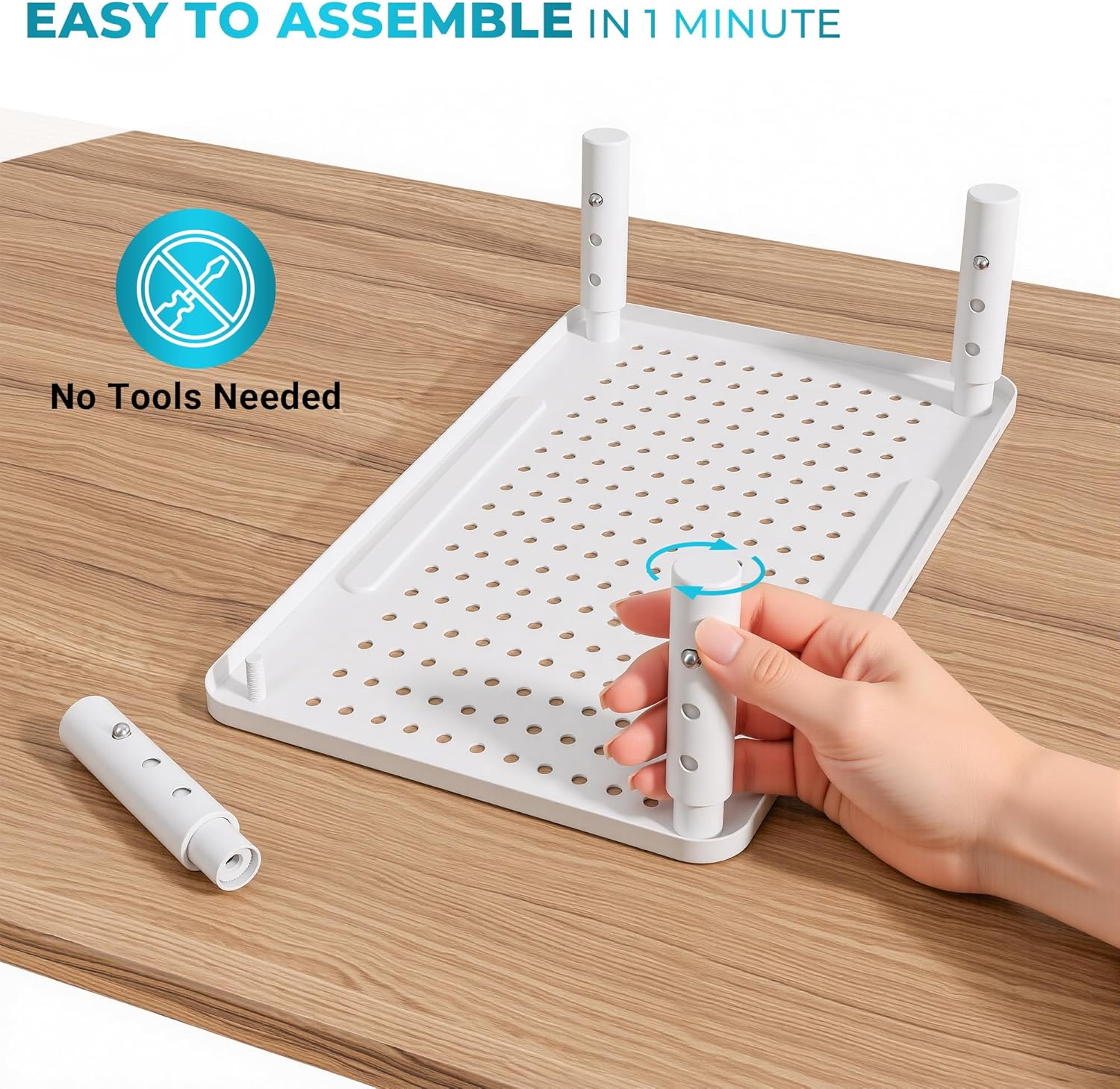 Hands screwing in a leg to the monitor stand platform, illustrating tool-free assembly.
