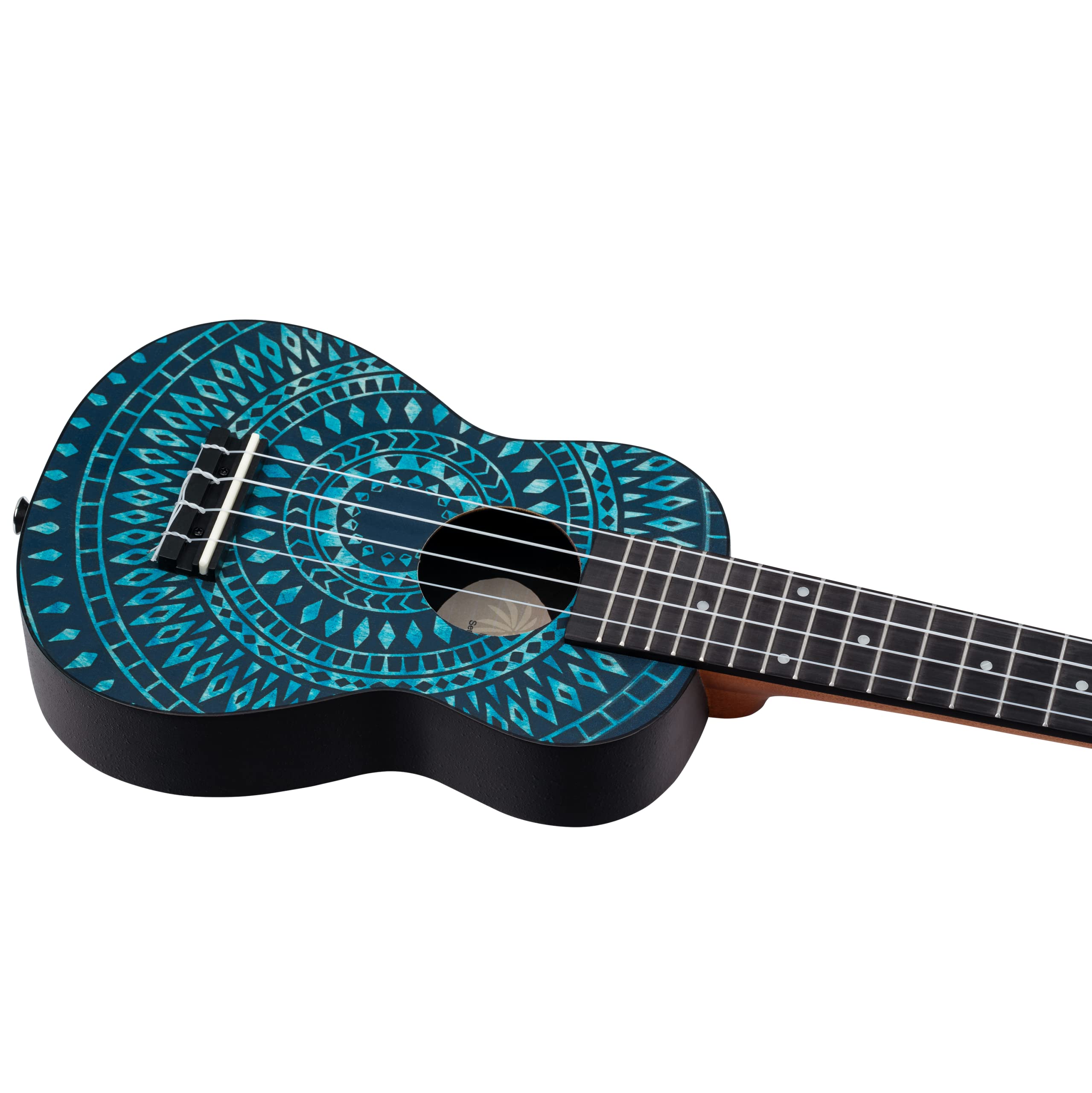 Ortega Guitars Ukelele Soprano azul - Keiki K2 - Kit de inicio incluye afinador, correa, 5 púas medianas y bolsa de dibujo - caleidoscopio azul (K2SS-BKC)