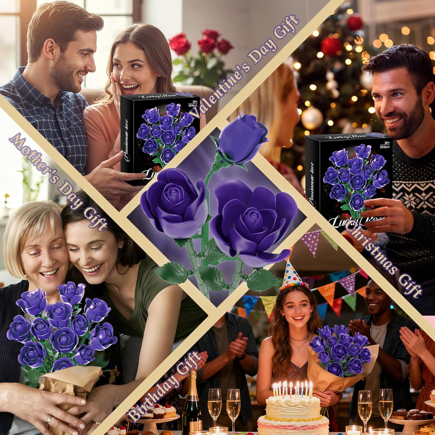 Purple Rose Bouquet Building Set, Compatible with Lego Flowers for Adults, Creative Gift for Mother's Day Christmas Valentine's Day Birthday, Home Office Table Centerpiece Decor