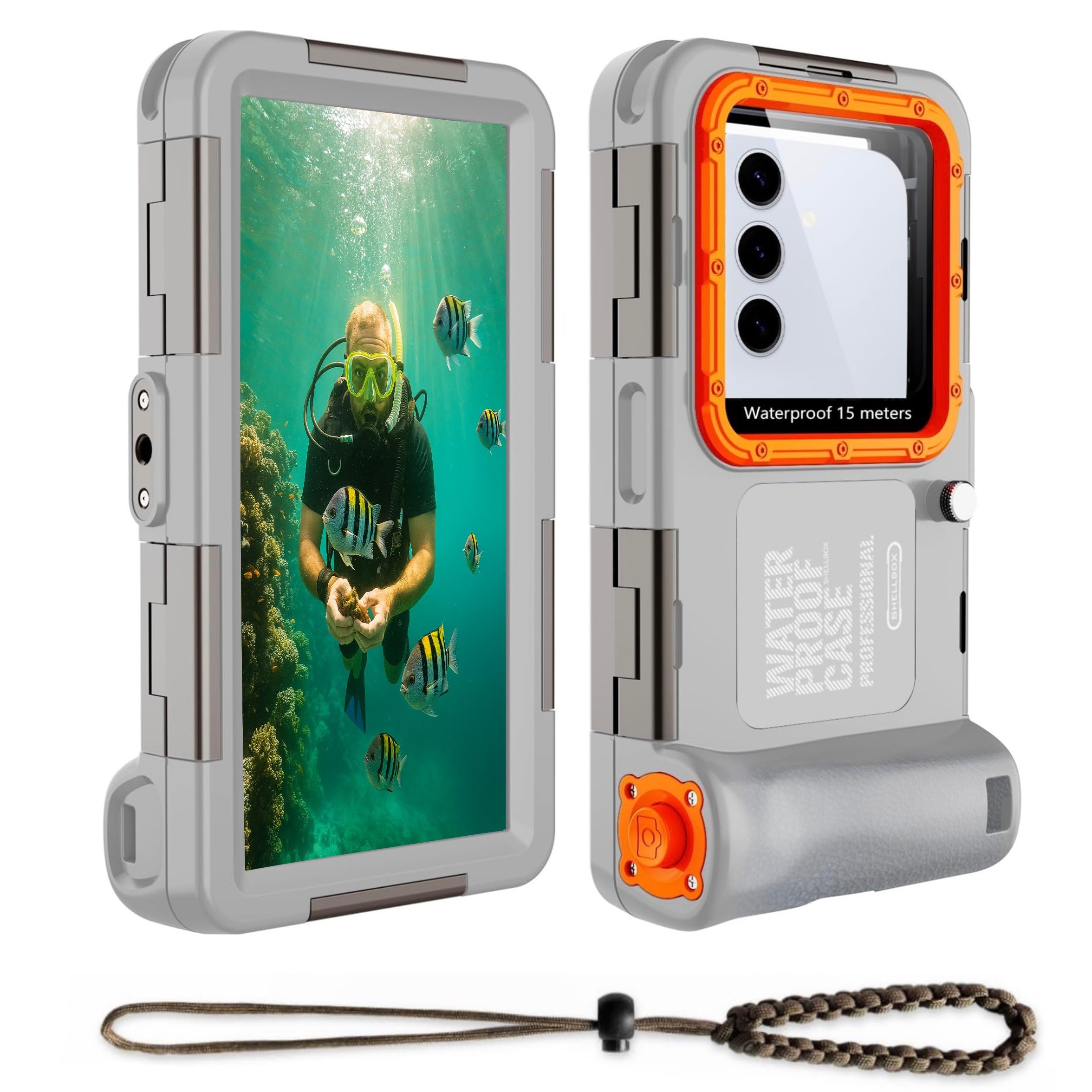 ZLIME Custodia subacquea impermeabile fino a 15 m per smartphone da 6,9", foto e video HD, con treppiede e tracolla, compatibile con Samsung, Huawei, Pixel, Xperia, vivo (grigio arancione)