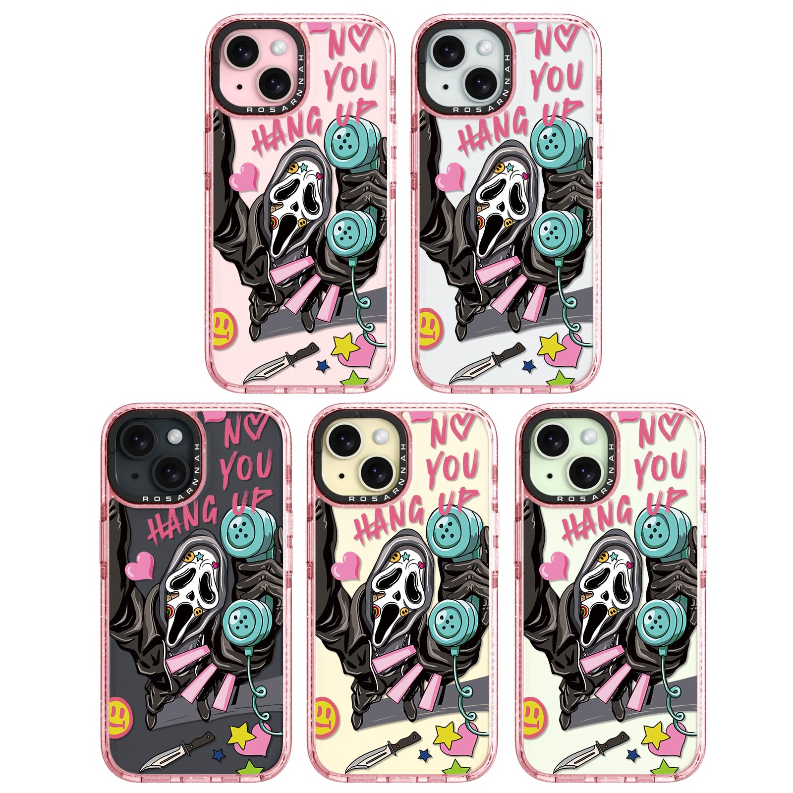 Rosarnnah Bonita funda compatible con iPhone 15, duradera, a prueba de golpes, caída de 6.5 pies, divertido diseño de esqueleto de grito de Halloween para iPhone 15 de 6.1 pulgadas, rosa brillante