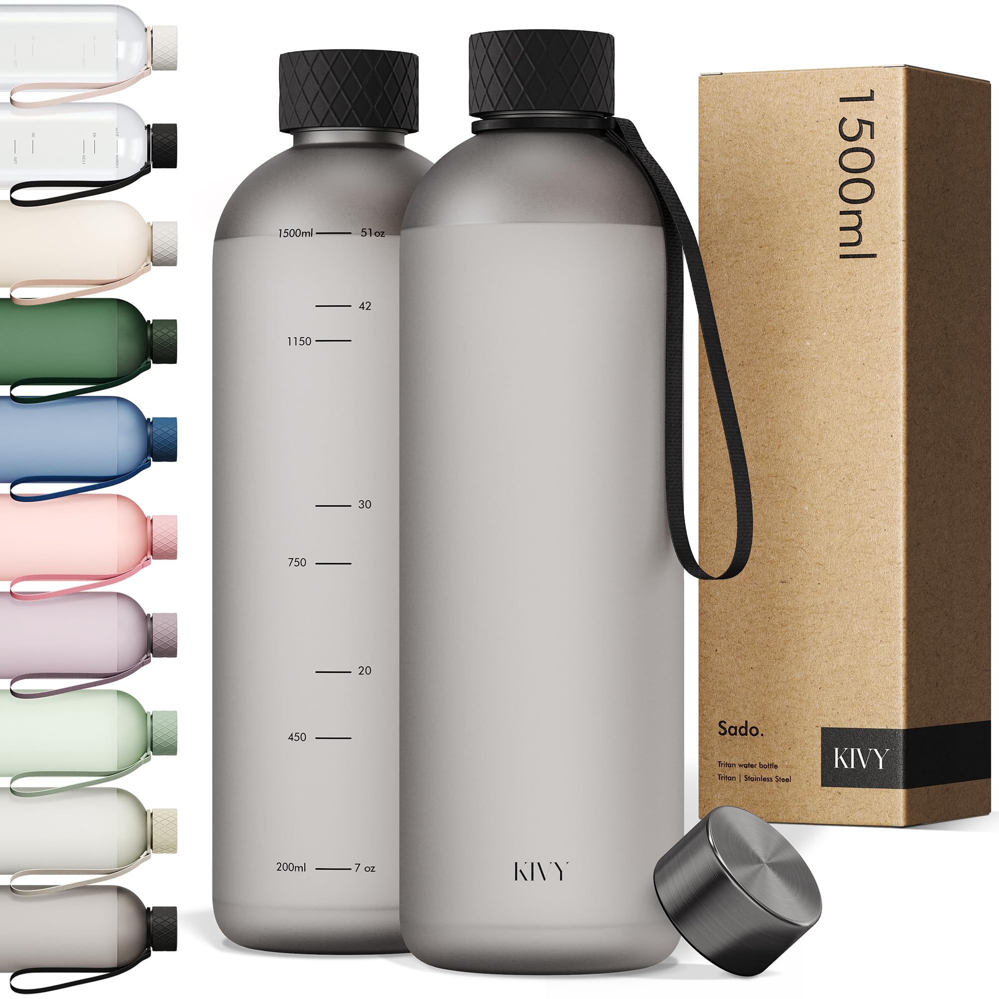 KIVY Botella de Agua Tritan 1,5 L - Estanca & Apto para Lavavajillas - Para Deporte, Gimnasio, Escuela y Oficina - Botella Deporte - Garrafa de Agua para Gym - Botellas Agua 1,5 L -Sin BPA
