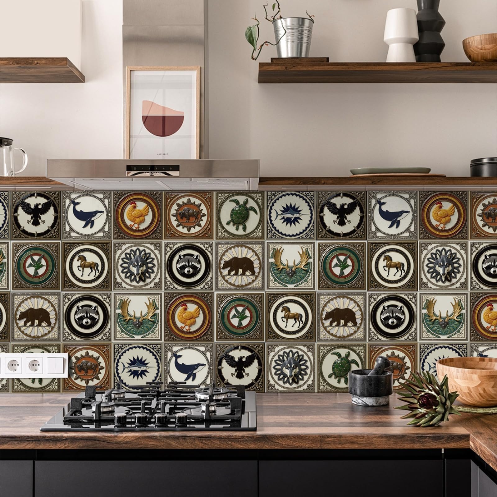 Azulejos Adhesivos Baño 15x15 cm Verde Marrón Animales Vinilo Pared Cocina Pelar Y Pegar Impermeable para Muebles Chimenea Gabinete Baldosas Adhesivas Pared Decorativos 24 Piezas