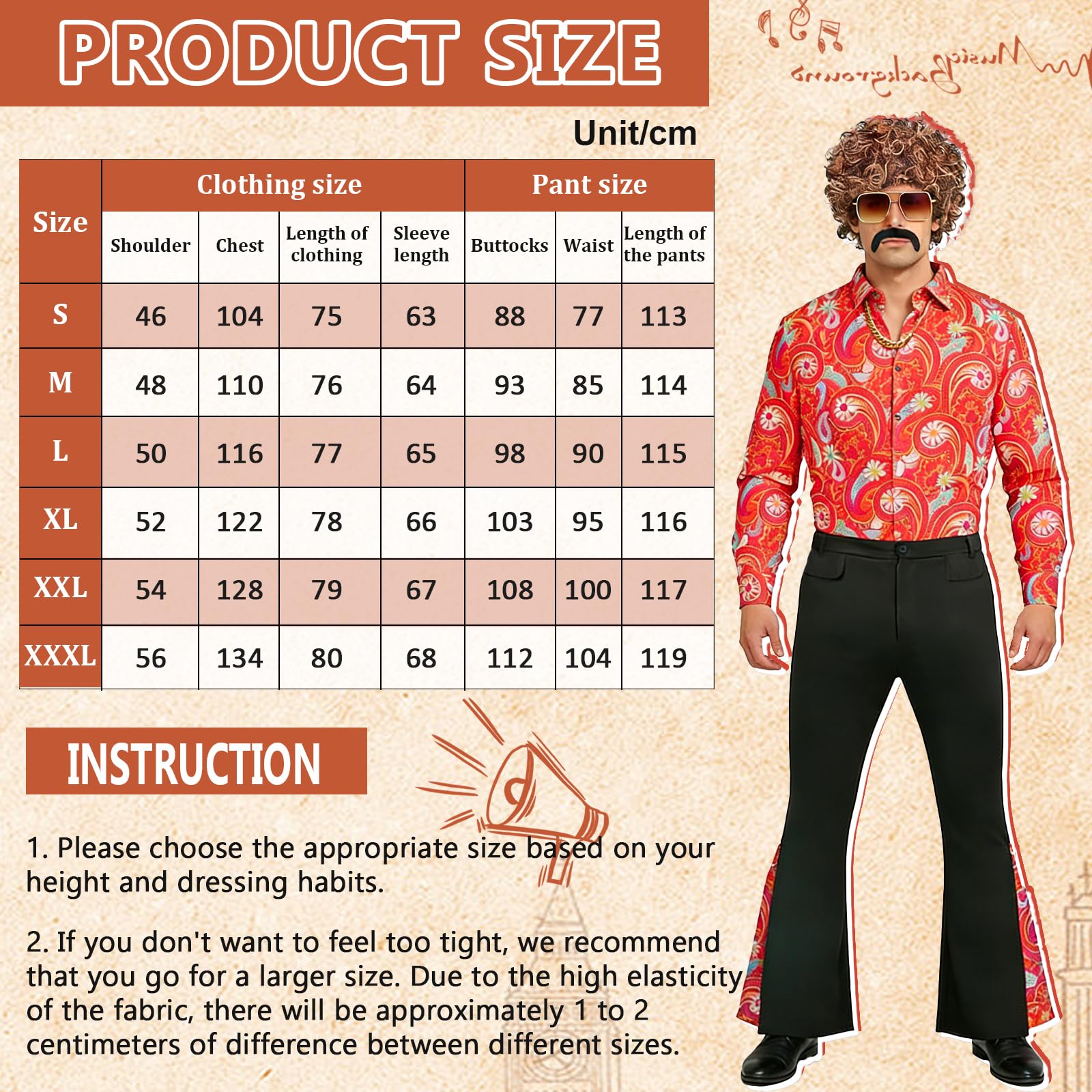 Disfraz Años 70 Hombre, Disfraz de Discoteca para Hombre Años 70 con Camisa, Pantalones, Peluca, Gafas, Barba y Cadena de Oro, Disfraces Originales Carnaval