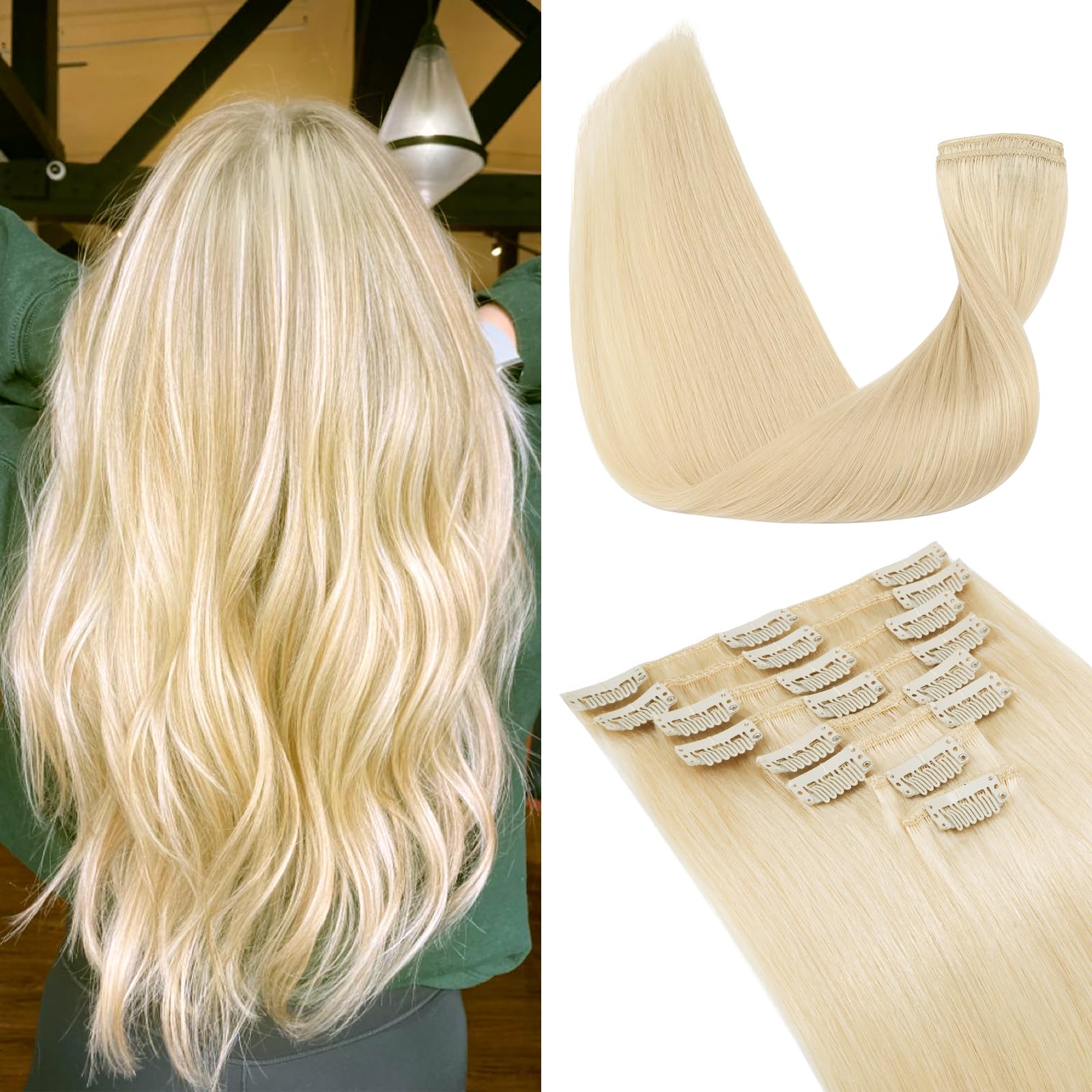 TESS Clip in Extensions Echthaar, 8pcs Clip in Haarverlängerung Remy Echt Haare Natürliche 18 Clips 8 Tressen Clip in Extensions Human Hair 75g 55 cm Lichtblond