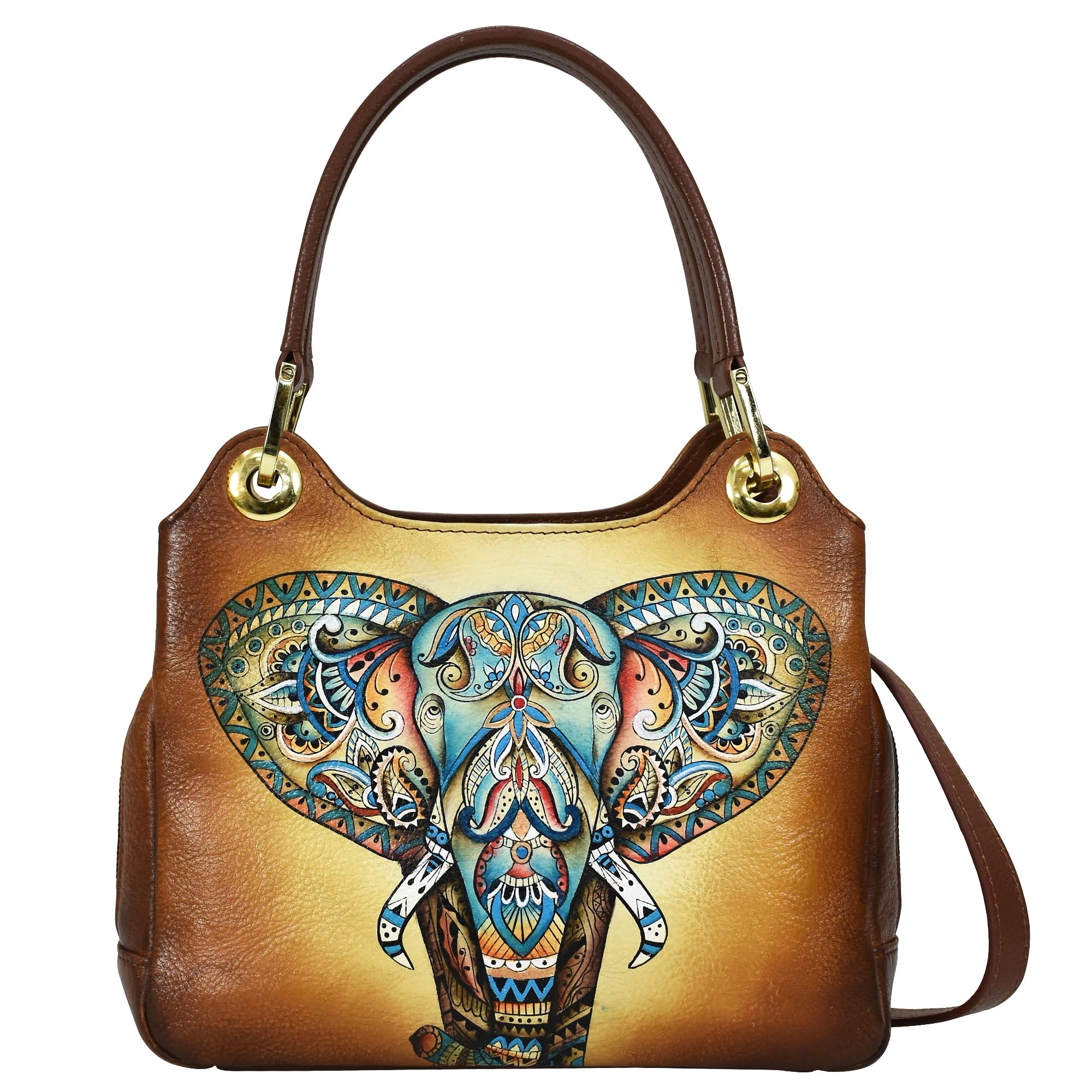 Anuschka Women’s Hand-Painted Genuine Leather Satchel with Crossbody Strap - Elephant Mandala