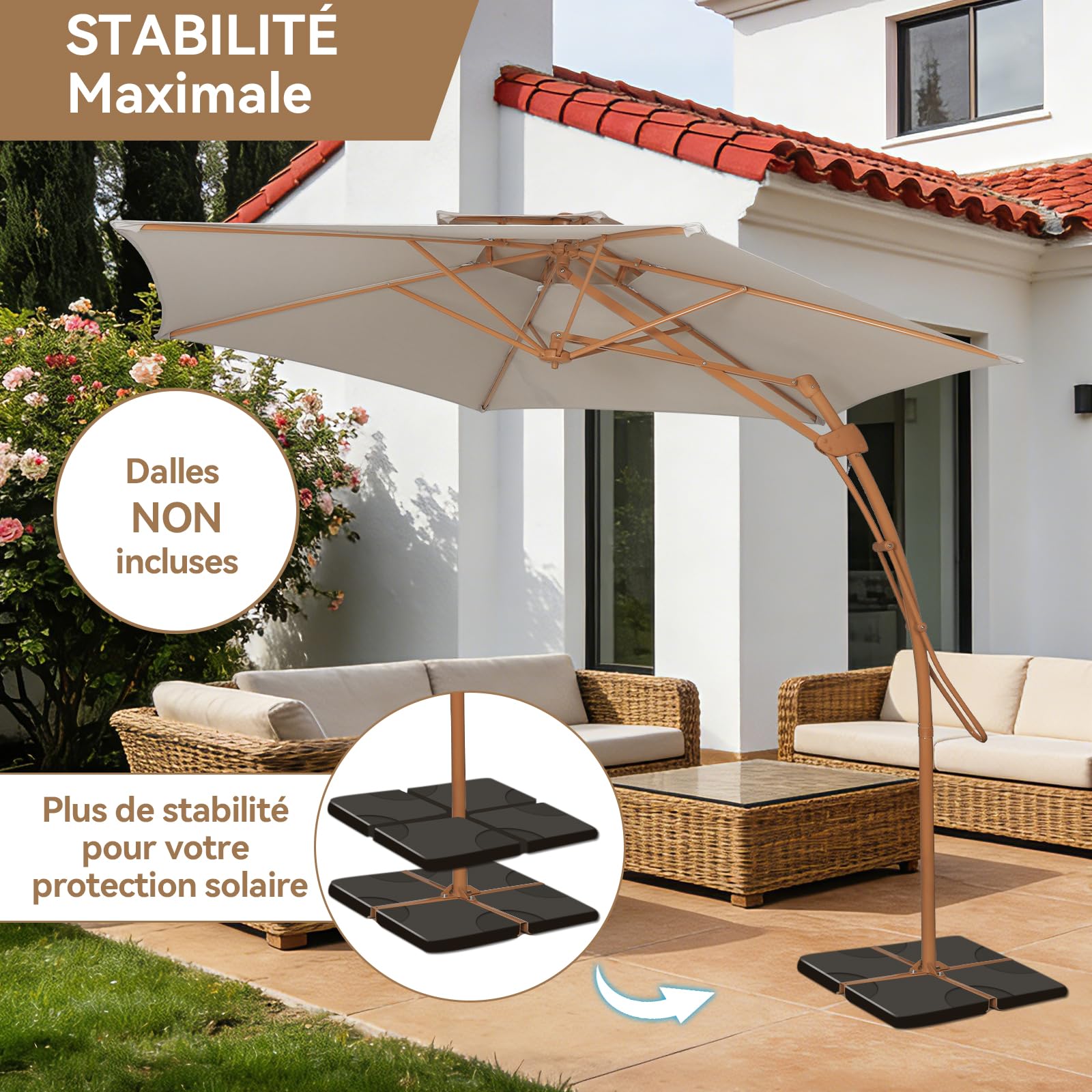 YOURLITE Parasol Déporté 3x3M,Parasol de Jardin Exterieur Beige