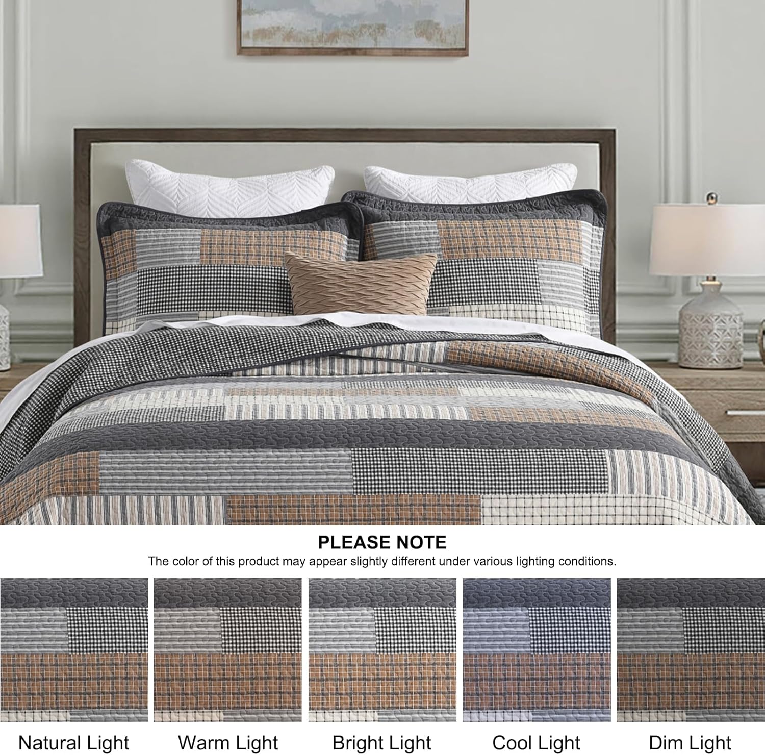 100% Cotton Bedspread Oversized Queen Size - 102"x120" Gray Quilt Set with Farmhouse Plaid Pattern, Soft Reversible Rustic Lightweight Comforter Bedding Set 3pcs, Gray/Begie/Brown - Image 8