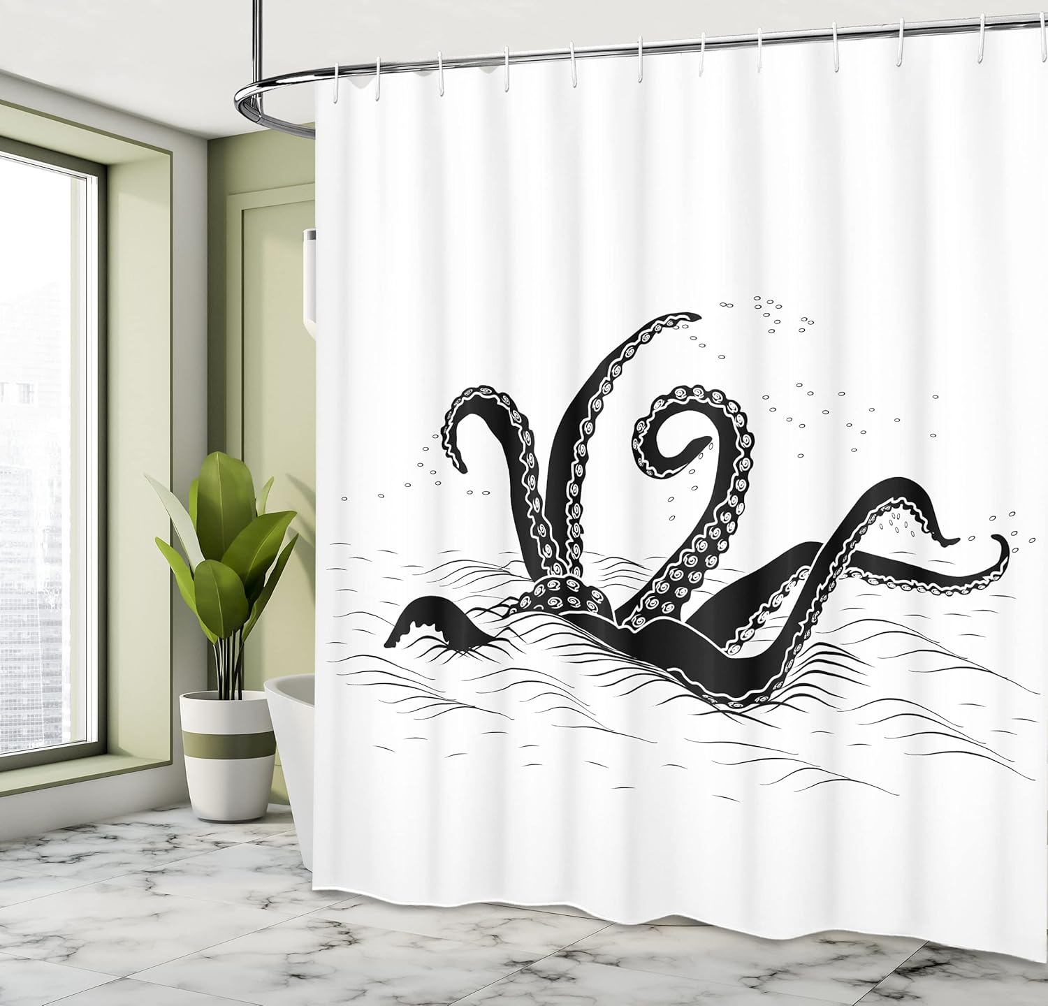 Ambesonne Octopus Shower Curtain, Mythological Kraken Octopus Tentacles Monster in The Sea Illustration Nautical, Cloth Fabric Bathroom Decor Set with Hooks, 69" W x 70" L, Black White