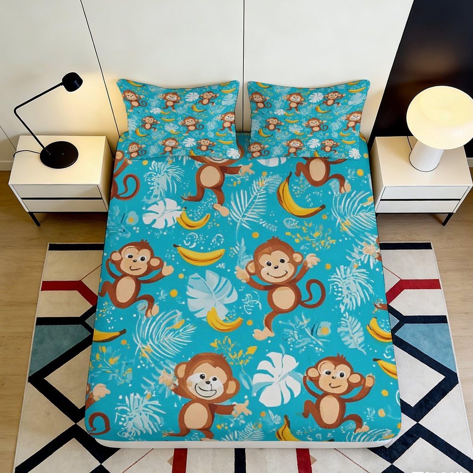 3D Printed Cartoon Monkey Fitted Sheet Microfiber Anti-Slip Banana Leaf Mattress Cover for Bedroom Guest Room Decor 200x200x25cm