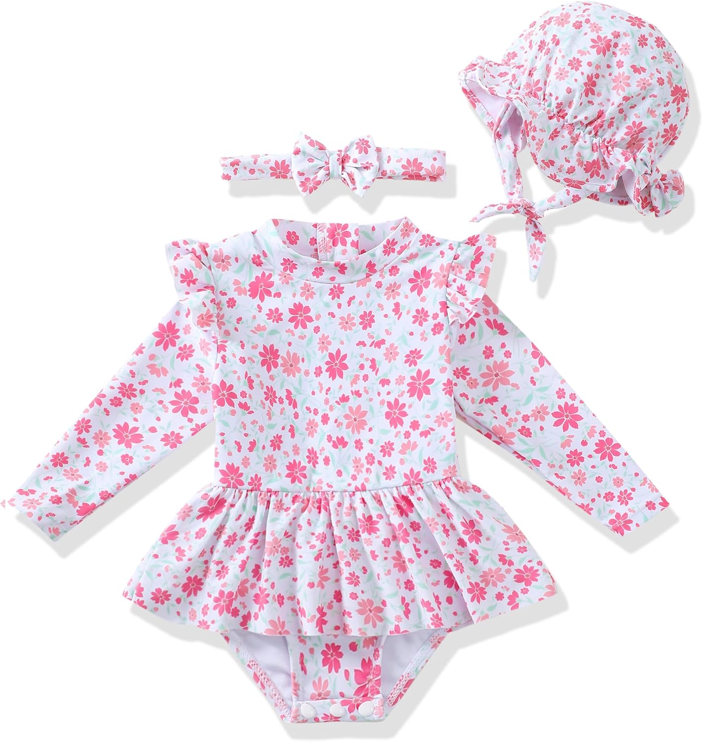 Renotemy Infant Baby Girls Swimsuit Toddler Bathing Suit Long Sleeve Zipper One-Piece Rash Guard Ruffle Swimwear with Hat