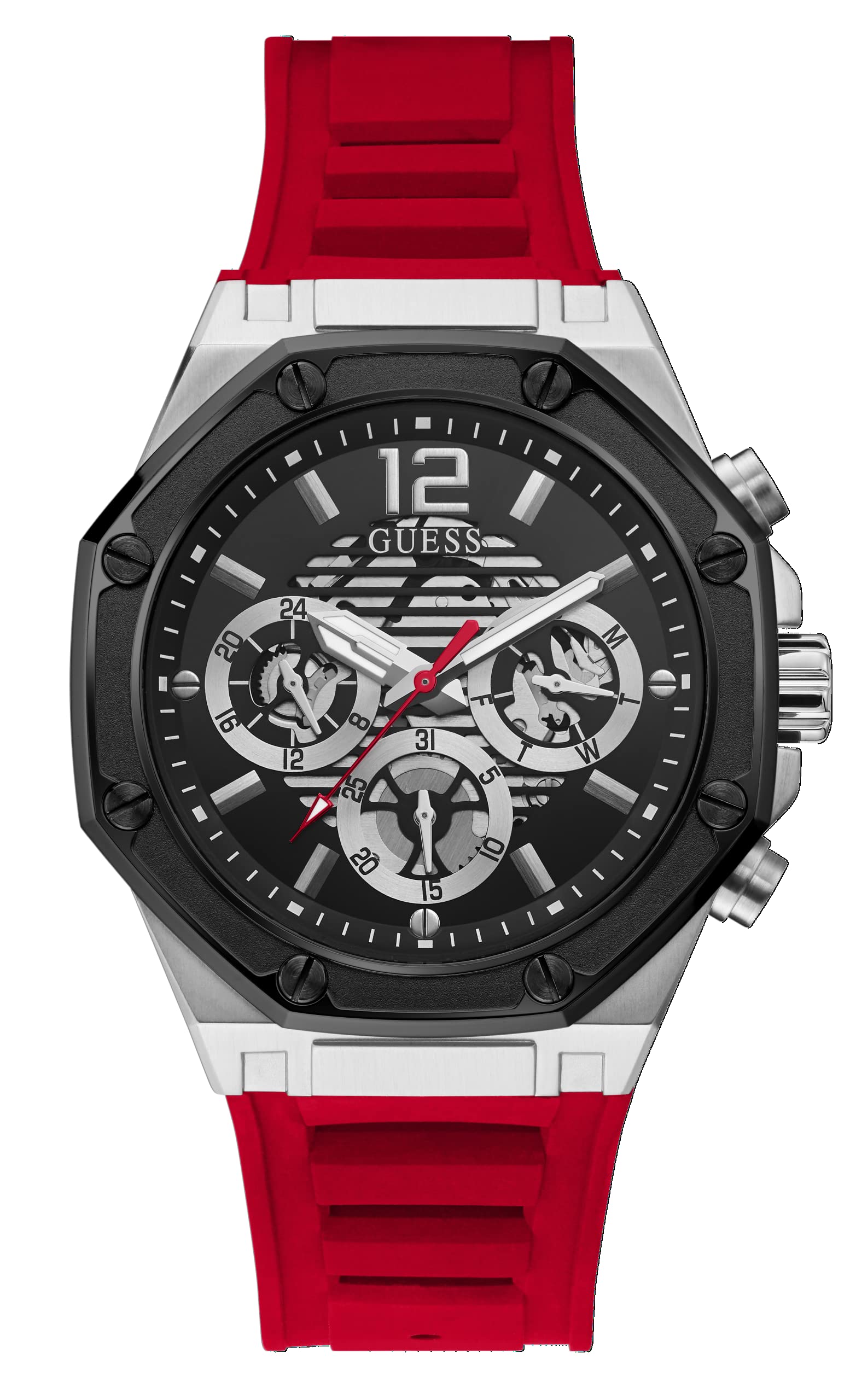 GUESS Silicone Momentum Collection Multi-Function Men Analog Black Dial Coloured Quartz Watch, Round Dial With 44.0 Mm Case Width - Gw0263G3, Red Band (B09JK99H53) Amazon Price History, Amazon Price Tracker