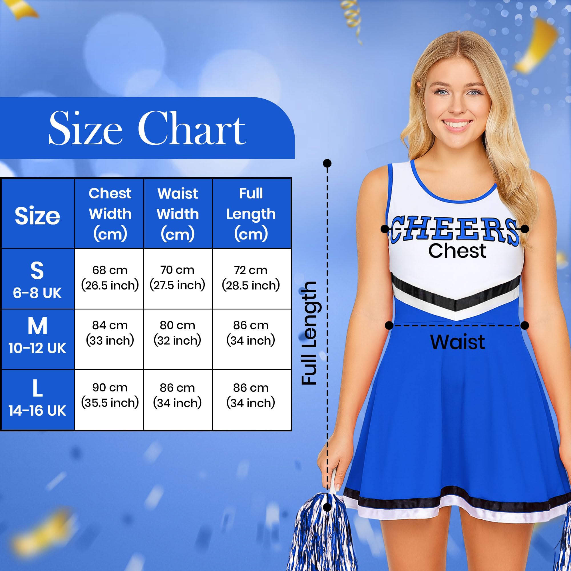 Redstar Fancy Dress Kostium cheerleaderki dla dorosłych, kostium cheerleaderki z pasującą sukienką i frędzlami, przebranie cheerleaderki dla kobiet, na Halloween, cosplay, karnawał