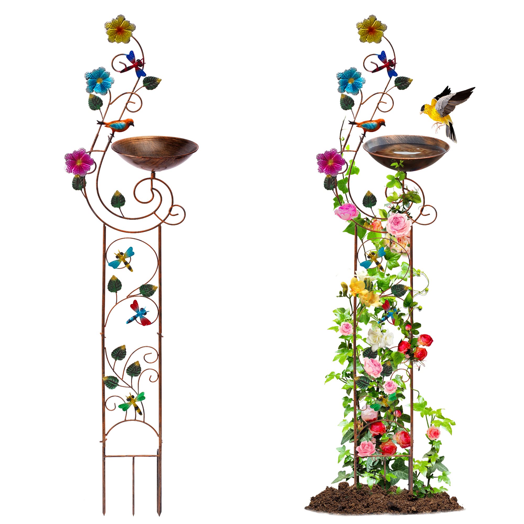 YYWMWM 57" Height Metal Bird Bath with Trellis for Outdoor, Vintage Decorative Bird Baths, Small Garden Plant Support, Antique BirdBath for Climbing