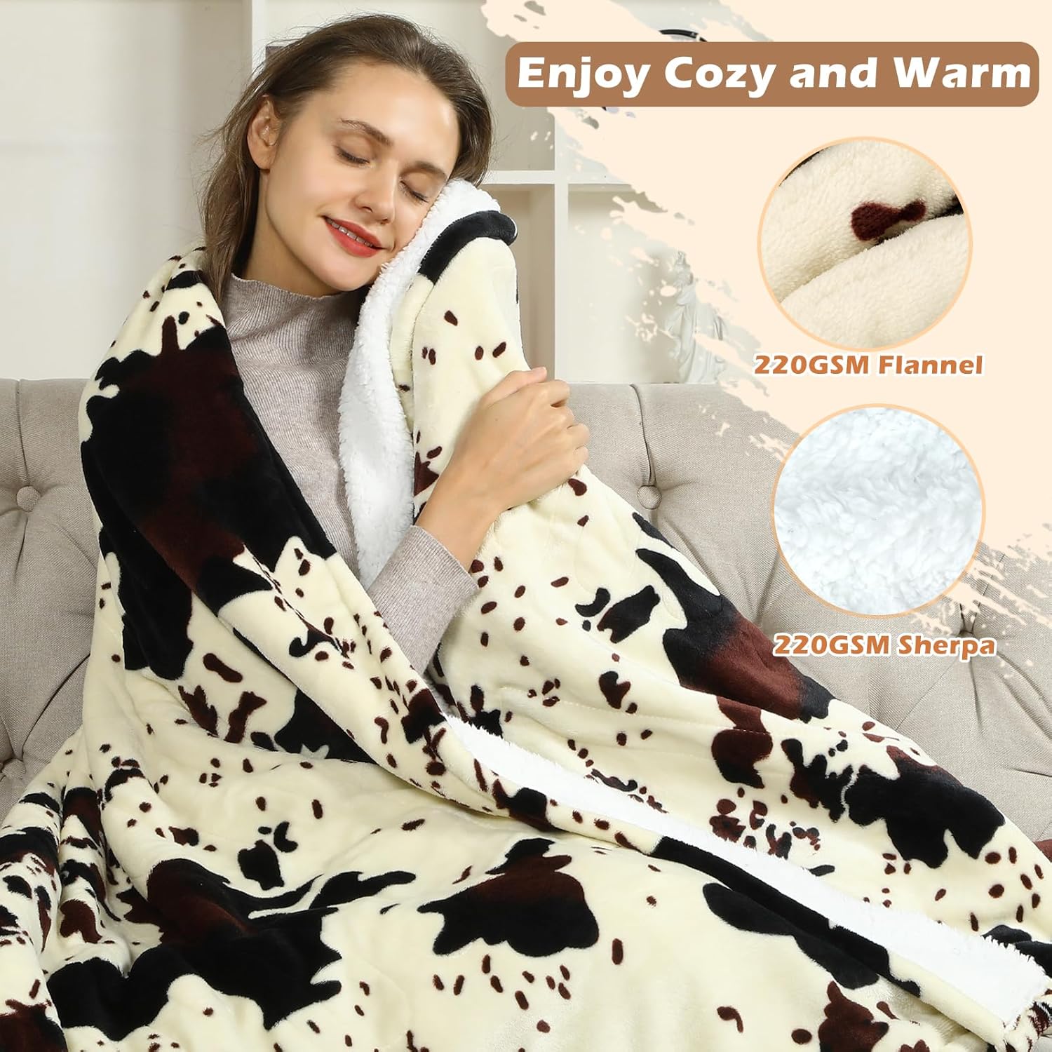 Heated Twin Blanket, 60"x80" Cow Print Electric Twin Heating Blanket, Cozy Soft Flannel Sherpa Heating Blankets with 9 Heat Levels & 2/4/8/12H Auto-Off - Image 2