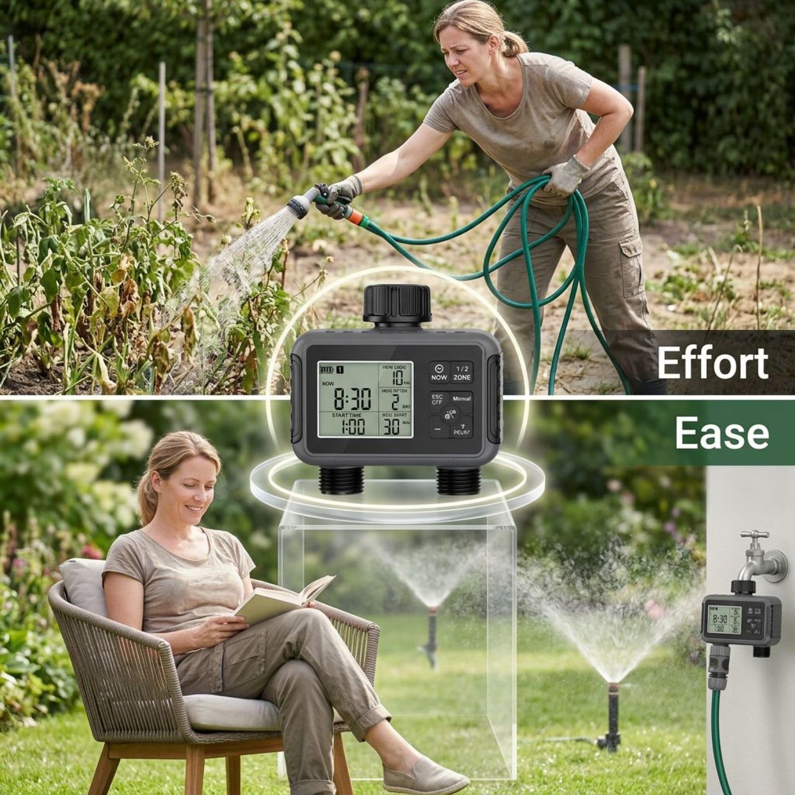 Timer intelligente per irrigazione a doppia uscita, con display LCD, durata da 1 a 360 minuti, timer per tubo dell'acqua ABS, 2 uscite con ritardo della pioggia, avvio e arresto automatici