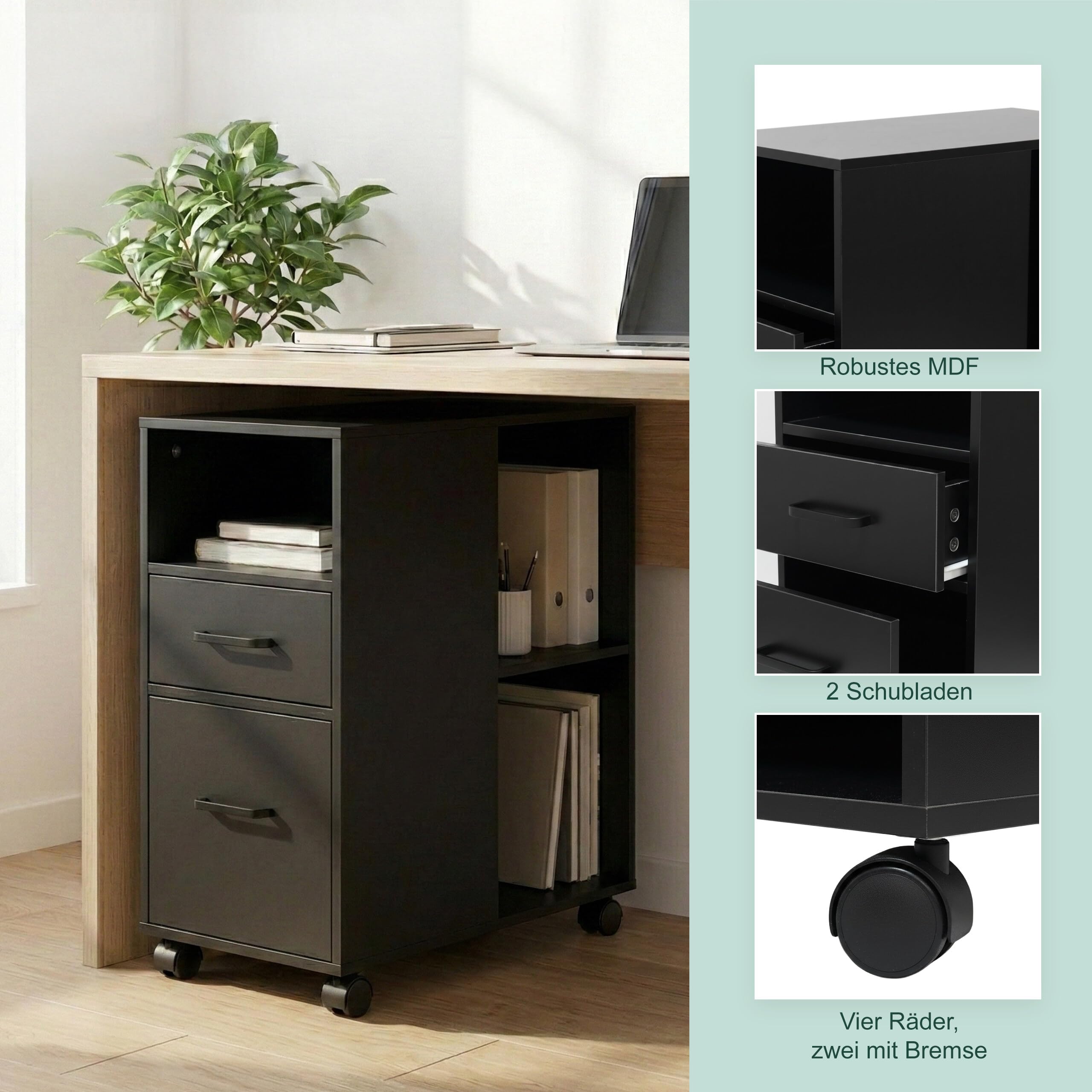Relaxdays Rollcontainer, 2 Schubladen, 3 Fächer, HxBxT: 65 x 30 x 60 cm, MDF, Büro Unterschrank, Aktenschrank, schwarz