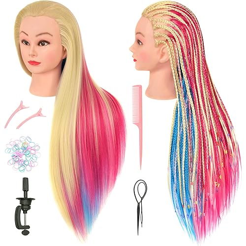 FUTAI Mannequin Head 35 inches Multicolor Long Synthetic Hair Manikin Doll Style Head for Braiding Styling Updos Practice Cosmetology Training Display with Stand