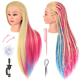 FUTAI Mannequin Head 35 inches Multicolor Long Synthetic Hair Manikin Doll Style Head for Braiding Styling Updos Practice Cosmetology Training Display with Stand