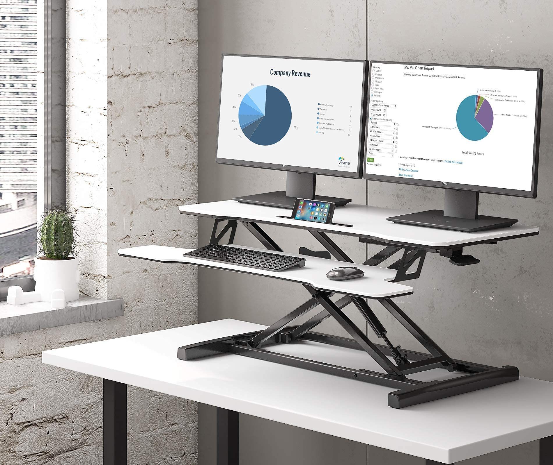 FITUEYES Höhenverstellbar Schreibtischaufsatz Büro Sitz Steh Computertisch 92 x 40 cm Stehpult mit Tastaturablage Geeignet für Zwei Monitore Weiß