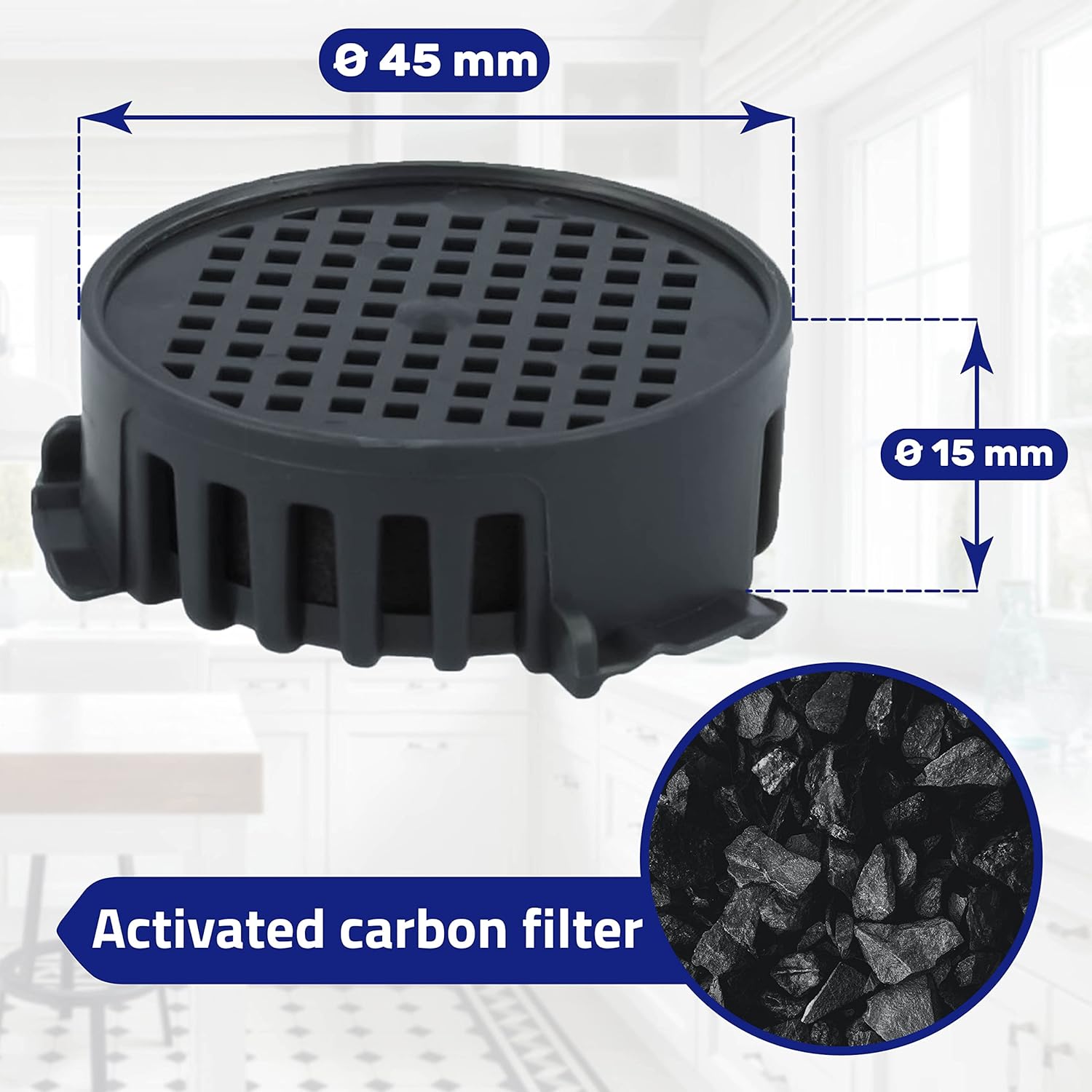 Diagram showing the dimensions of the activated carbon filter.