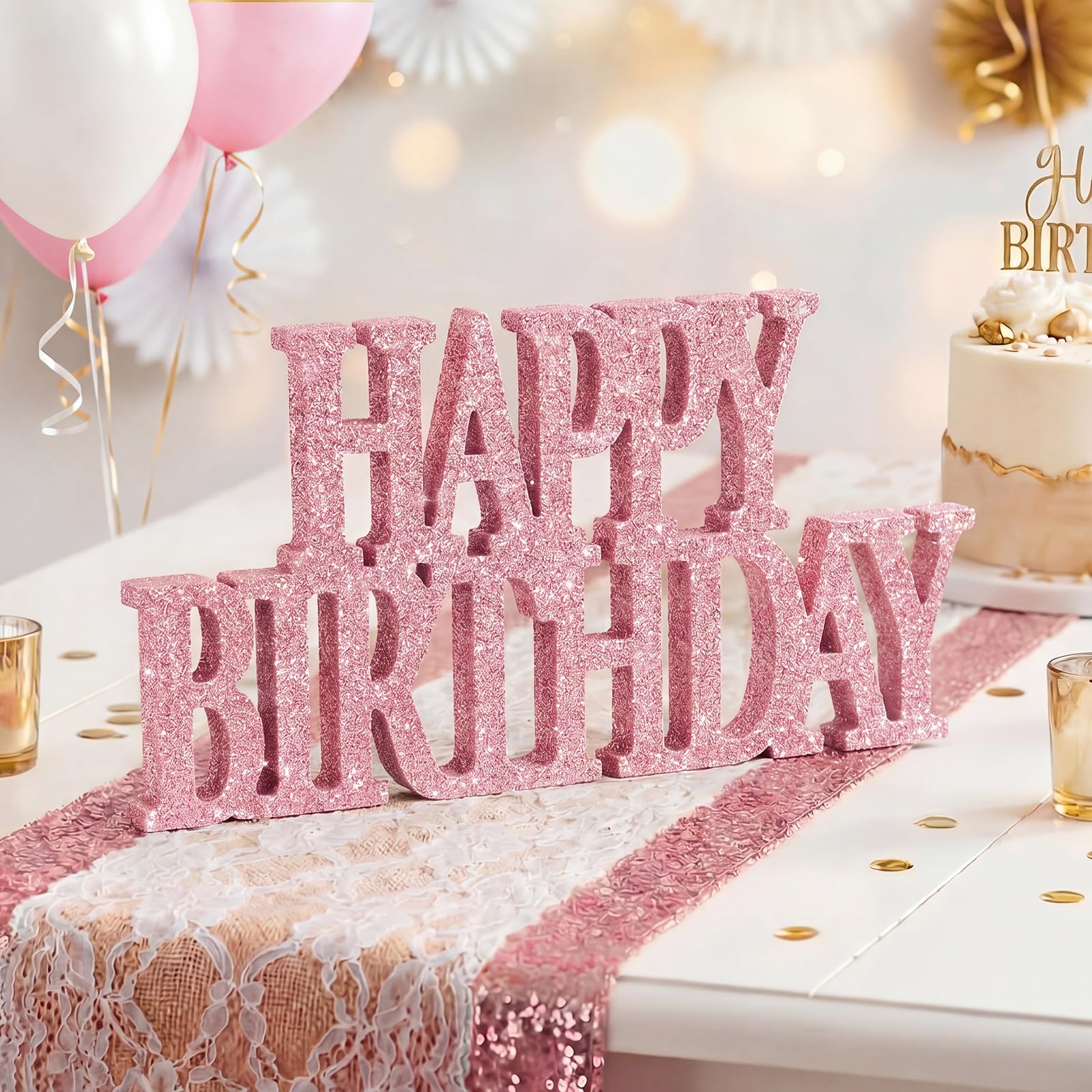 View 1 of [cracked] Novabright Happy Birthday Glitter Sign - Pink