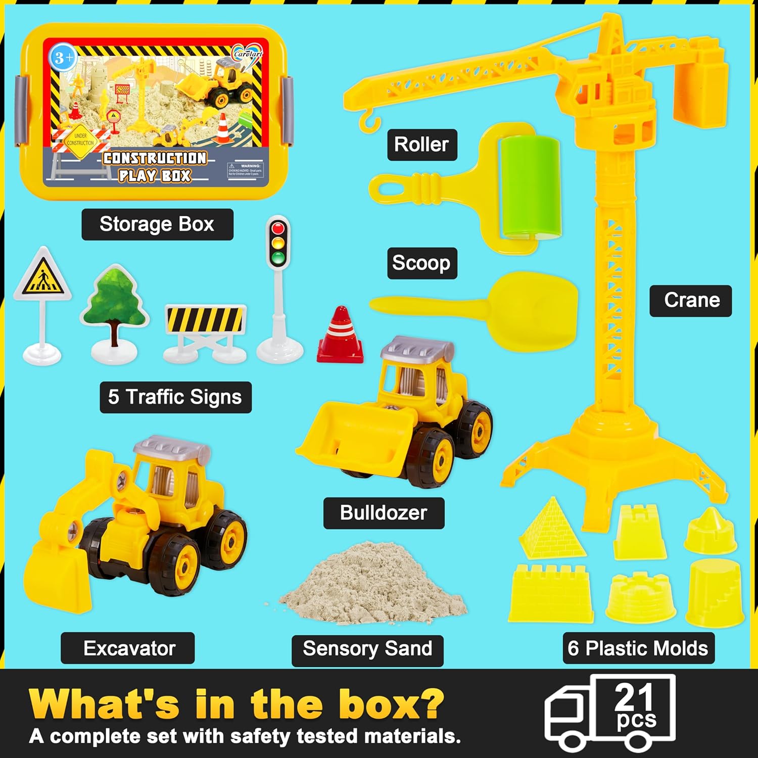 Carolart Construction Sensory Bin, Mess-Free Sandbox Playset with Glow in The Dark Stones, Play Sand with Toy Excavator and Bulldozer, Sensory Sand Activity Kit, STEM Gift for Boys Girls Ages 3-8