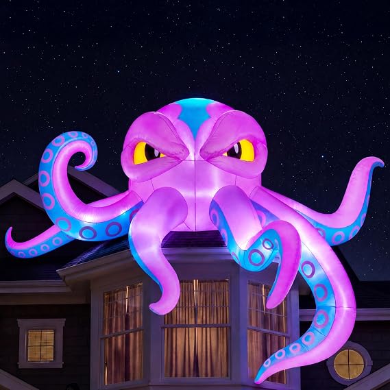 JOYIN 10FT Long Halloween Inflatable Rooftop Octopus Decoration with Built-in LED Lights, Self-Inflating Blow Up Octopus for Outdoor Yard Lawn Garden House Patio Porch, Spooky Glowing Halloween Decor
