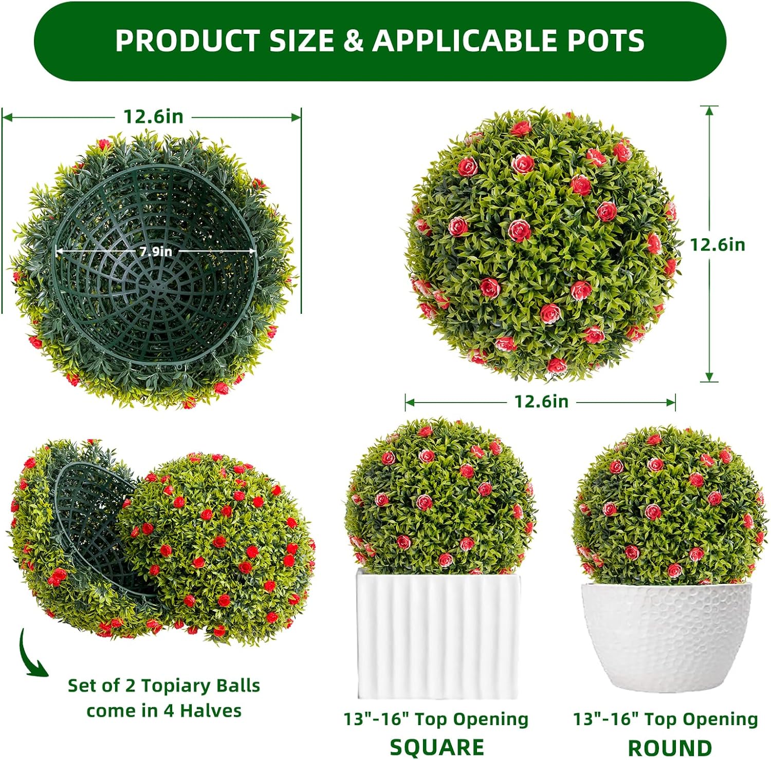 12.6" Artificial Topiary Flower Balls Set of 4, Round Topiary Balls with Realistic Leaves and Flowers, Hanging Balls for Indoor Outdoor Decor