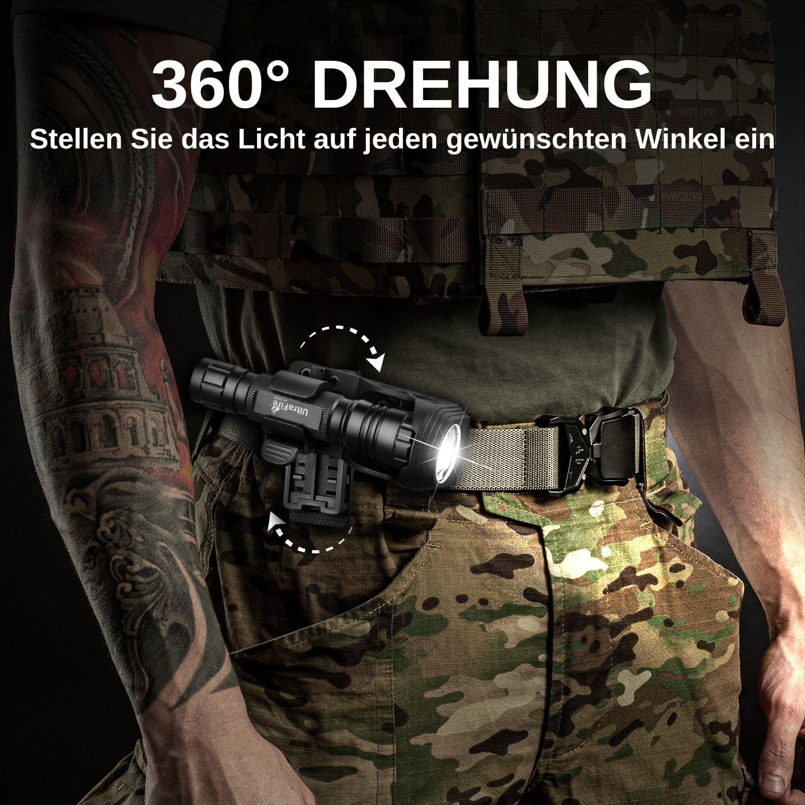 UltraFire Wiederaufladbare Taktische Taschenlampe mit Holster, 1000 Lumen 3 Modi Polizei Taschenlampe mit Gürtelholster, Safety Taschenlampen für Strafverfolgung, Camping, Outdoor, WF-501BX