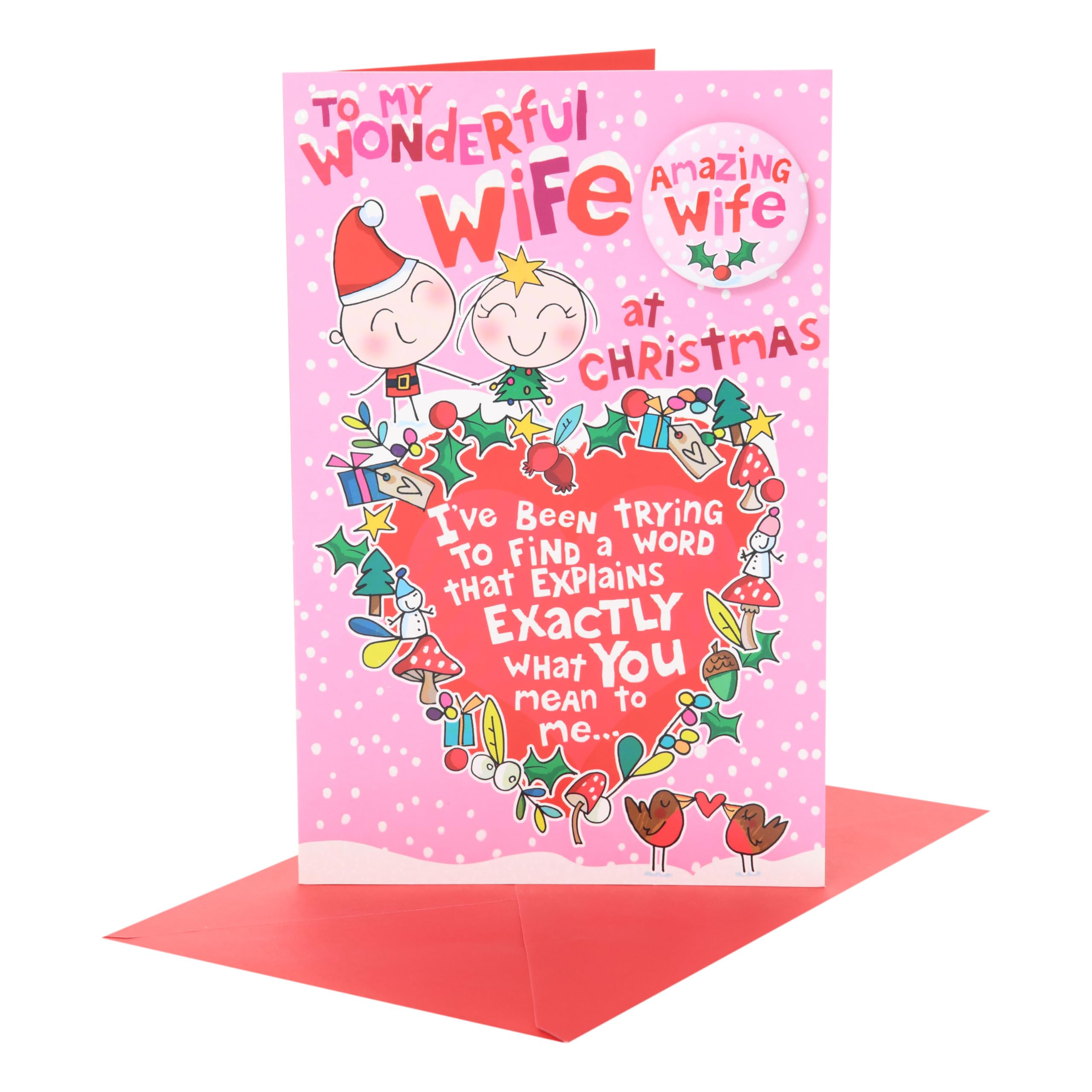 UK Greetings | Christmas Card for Wife | Xmas Presents | Her, Girls, Women | Wigwam characters holding hands stood on large heart | With Envelope | 25.4 x 16.5 cm