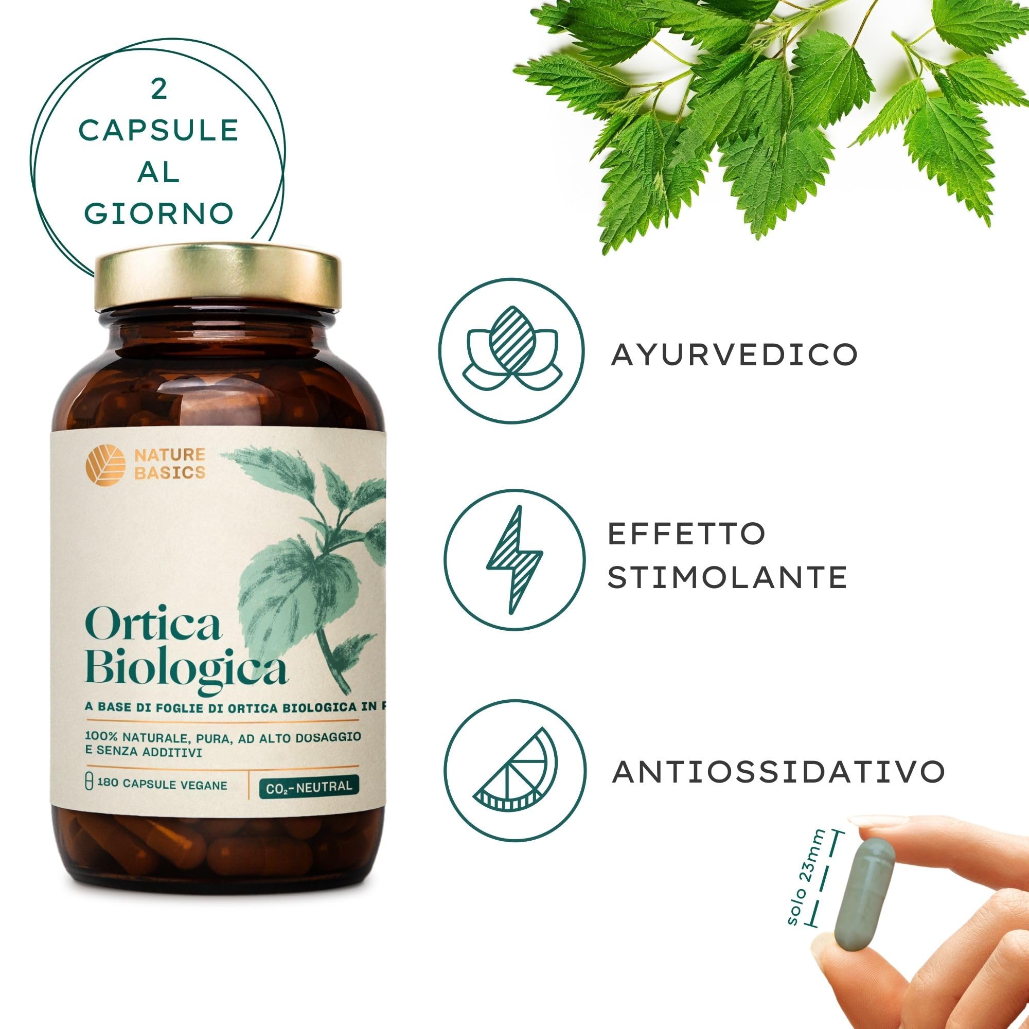 Ortica biologica - 180 capsule ad alto dosaggio / 900 mg di polvere di foglie di ortica biologica pura e di alta qualità per dose giornaliera/vegana, certificata e sostenibile in barattolo