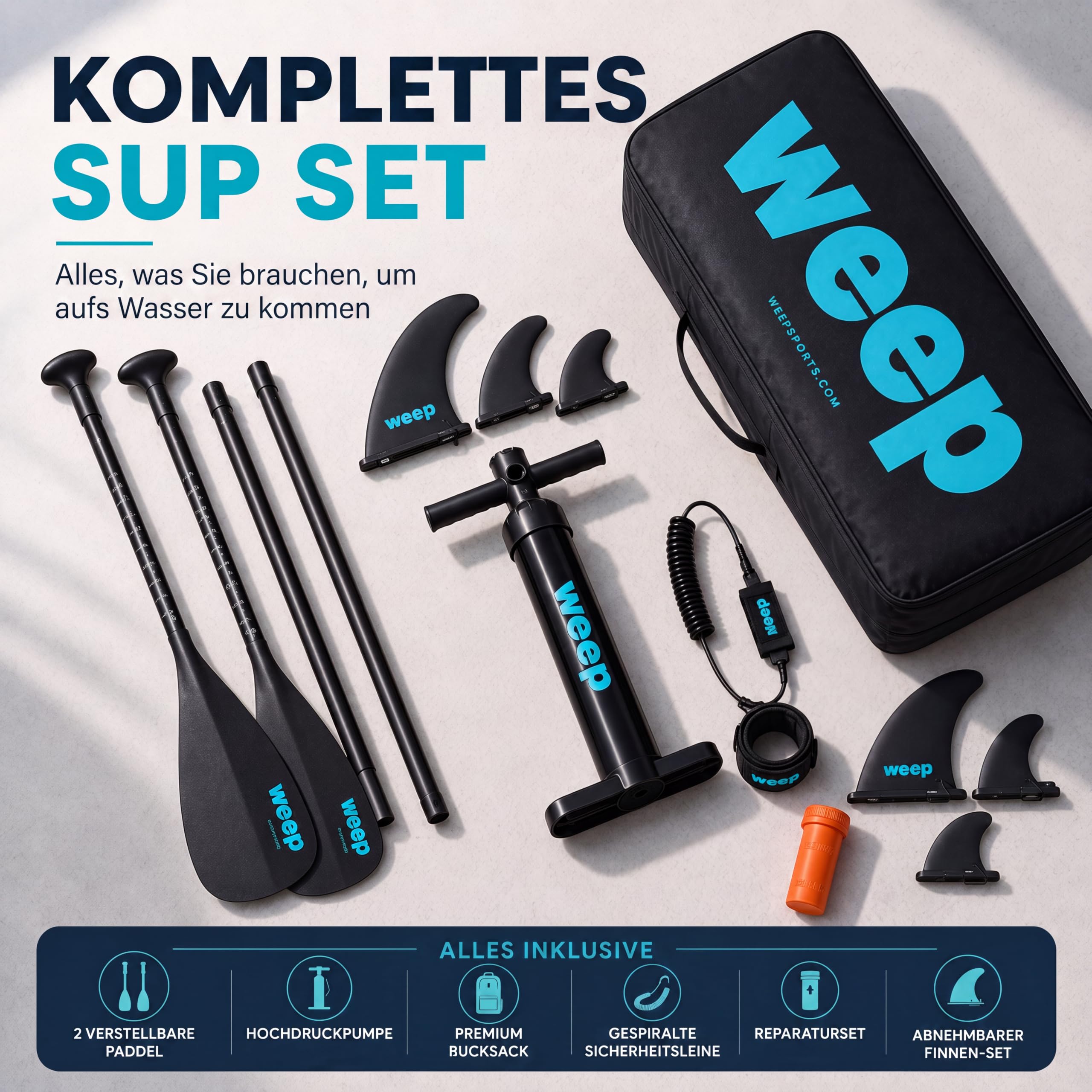 weep Stand Up Padding Board aufblasbar 365cm & 350cm & 320cm, SUP Board - mit 2in1 Aluminium Paddel, Pumpe, Rucksack, Leash, 3 Finnen, stabiles Paddle Board Komplettset - für Touring, Yoga & Freizeit