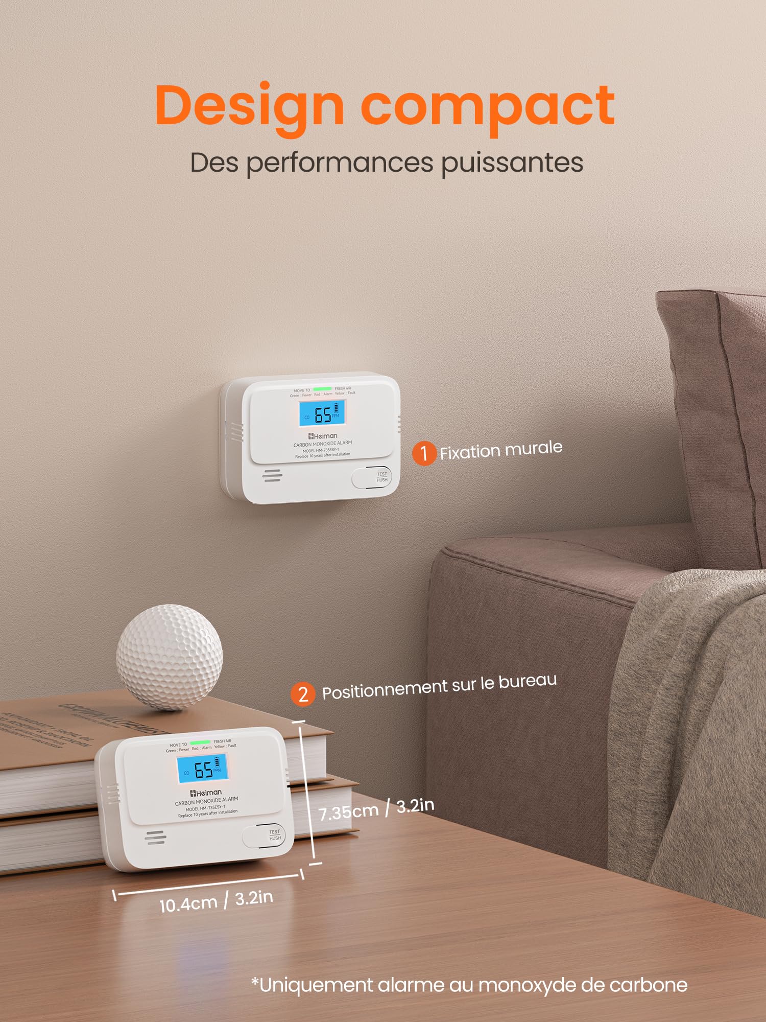 Heiman Détecteur de Monoxyde de Carbone, Certifié en 50291, Détecteur de CO avec Pile Remplaçable de 10 Ans, Écran LCD Digital et Capteur Électrochimique Haute Précision, Bouton de Test/Silence