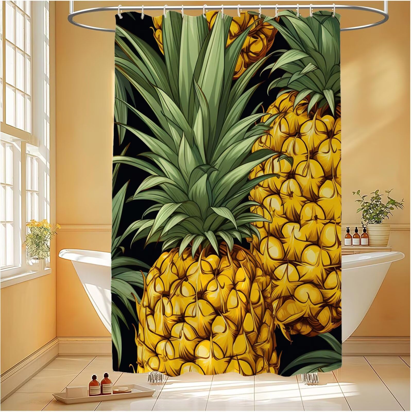 Duschvorhang 180x220 cm Gelb Shower Curtains Schwarz mit Gewicht und 12 Plastik Haken, Anti Schimmel Wasserdicht, Waschbar Schnelltrocknender Polyester Stoff, Dekorative Vorhang für Badewanne 6H-273