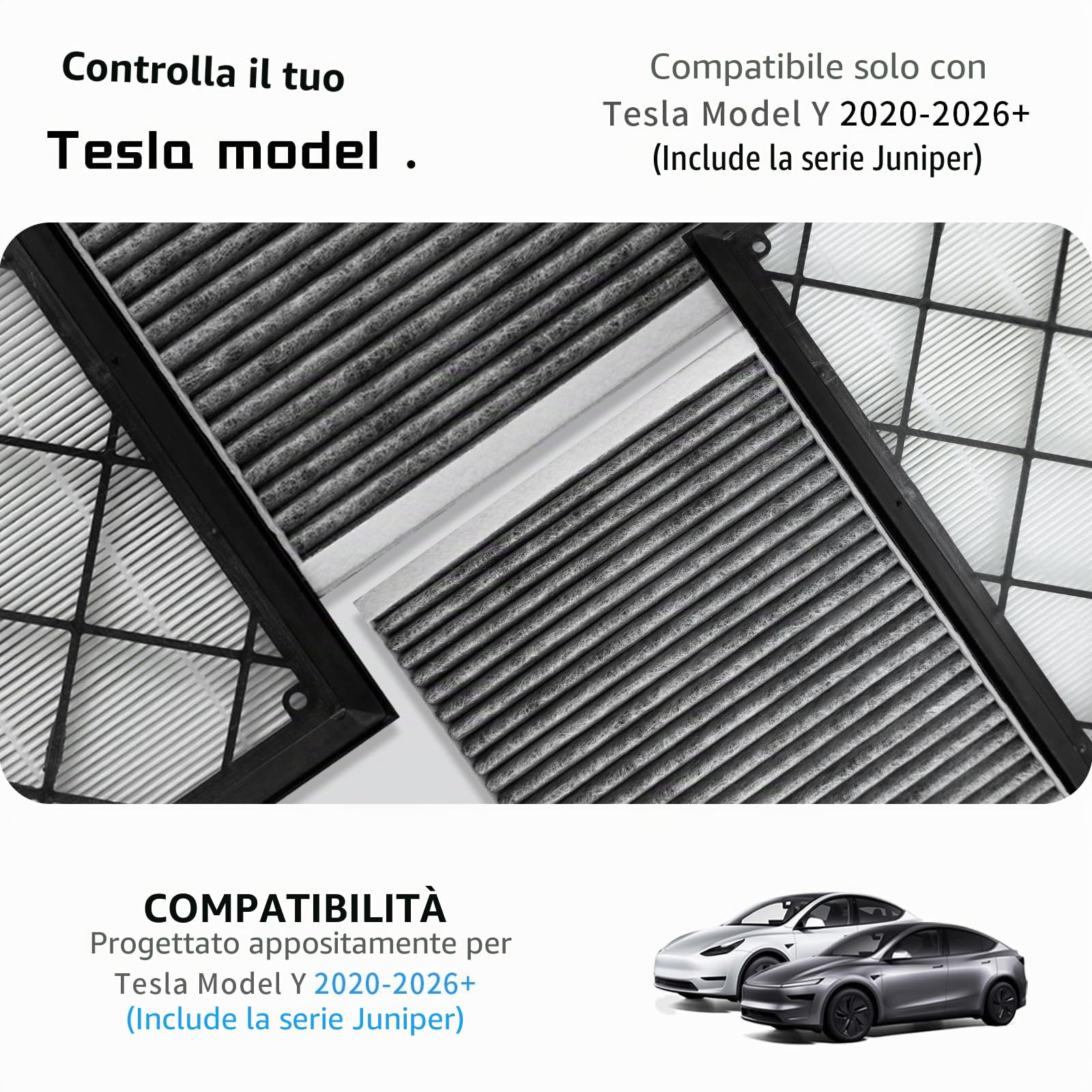 Kit Filtro HEPA + a Carboni Attivi per Tesla Model Y Sostituzione del Condizionatore d'Aria dell'Abitacolo con Carbone Attivo 2020-2025, 2026, Accessori Juniper (Confezione da 4)