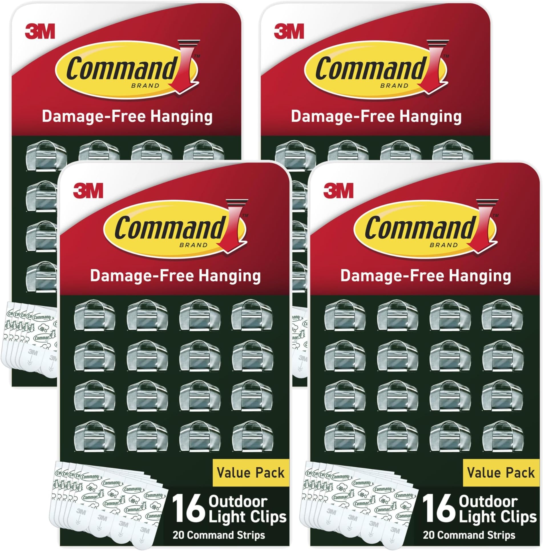 Command Outdoor Light 4 Pack of 16 Clear Clips and 20 Strips, Damage Free Hanging with Adhesive Strips, Wall Clips for Hanging Outdoor Lights and Cables Outside