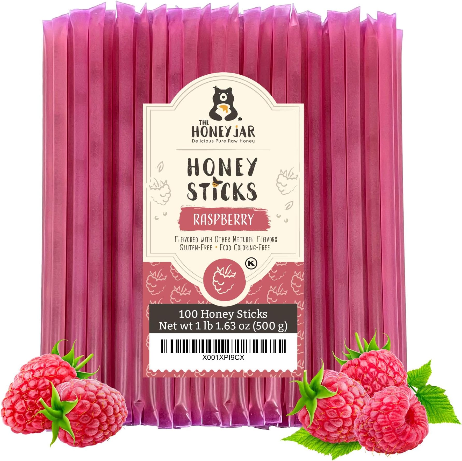 The Honey Jar Raspberry Flavored Honey Sticks - Pure Honey Straws For Tea, Coffee, or a Healthy Treat - One Teaspoon of Flavored Honey Per Stick - Made In The USA with Real Honey - (100 Count)