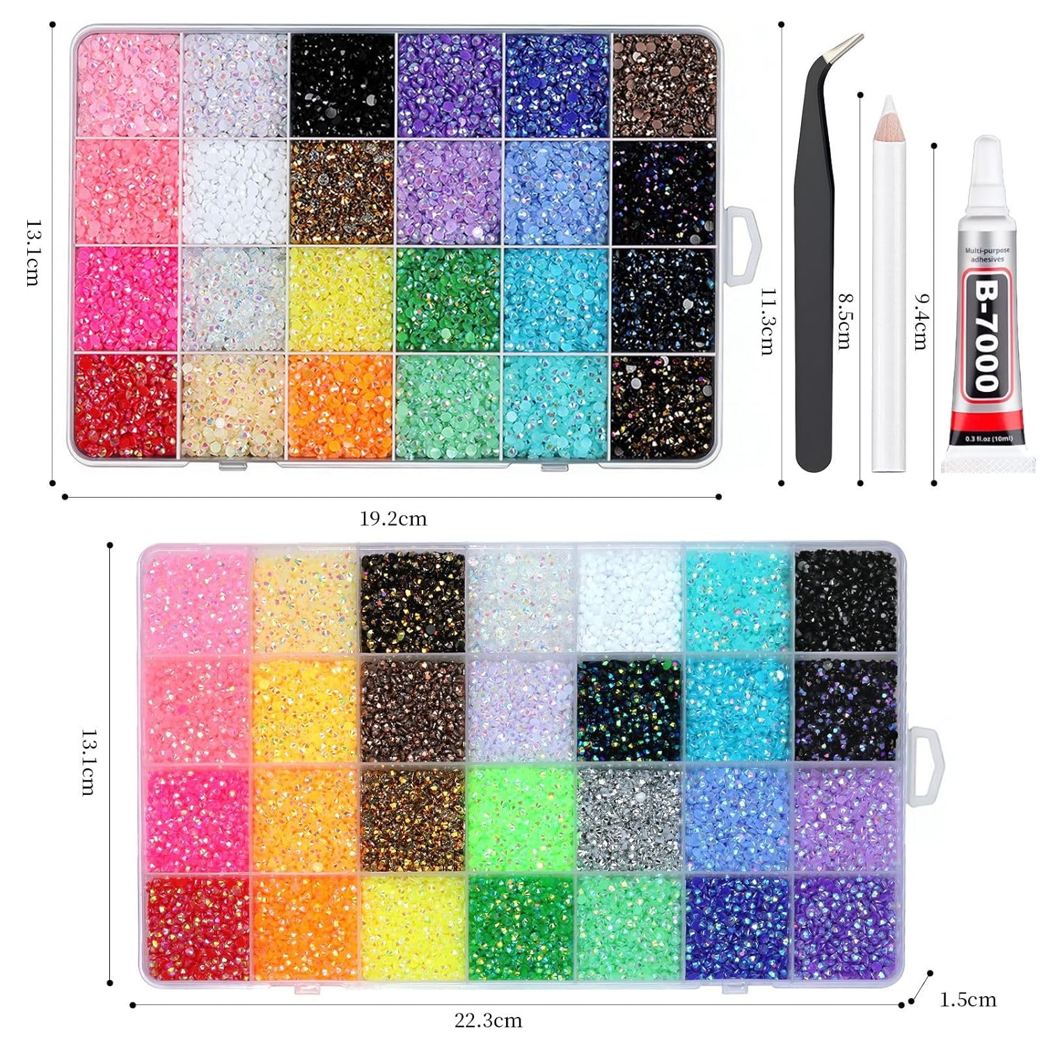 Multicolor High-Gloss Resin Flatback Rhinestones with 3Pcs B7000 Jewelry Glue - DIY Bedazzling Kit for Diamond Art, Nail Art & Crafts 40 grids