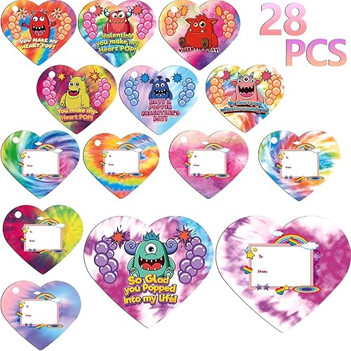 Miniatura 5 de 28 tarjetas de corazón de San Valentín para niños con llavero de juguete sensorial Push Pop Fidget, juego de burbujas para presionar, juguetes para