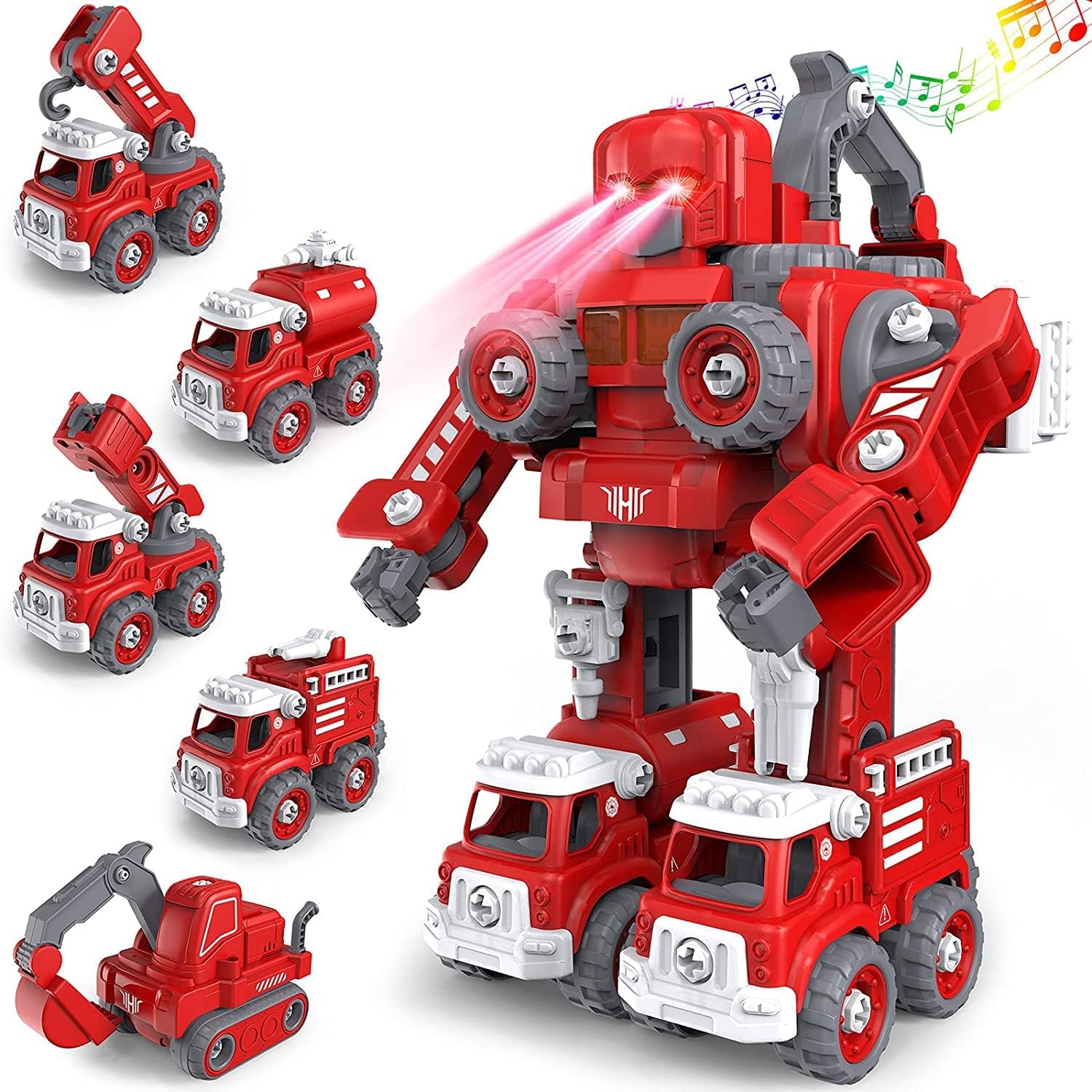 WEERHXAON Car Toys for 4 5 6 7 8 Year Old Boys, Fire Truck Toy Take Apart Robot Toys Vehicle Set 5 in 1 Robot Toys Kids Ages 4-8 STEM Toys Vehicles Christmas Birthday Gifts for Boys Girls Kids (Red)